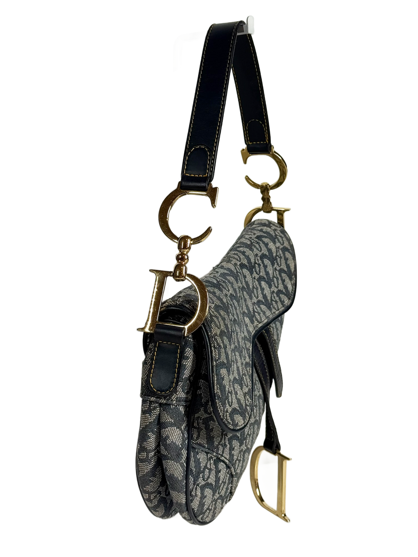 Dior Vintage 2002 Navy Blue Trotter Monogram Medium Saddle Bag