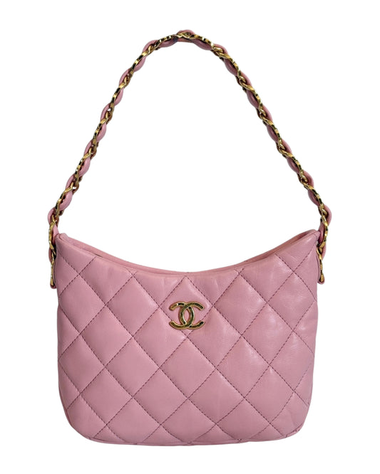 Chanel F/W 2022 Pink Quilted Lambksin CC Links Small Hobo Shoulder Bag