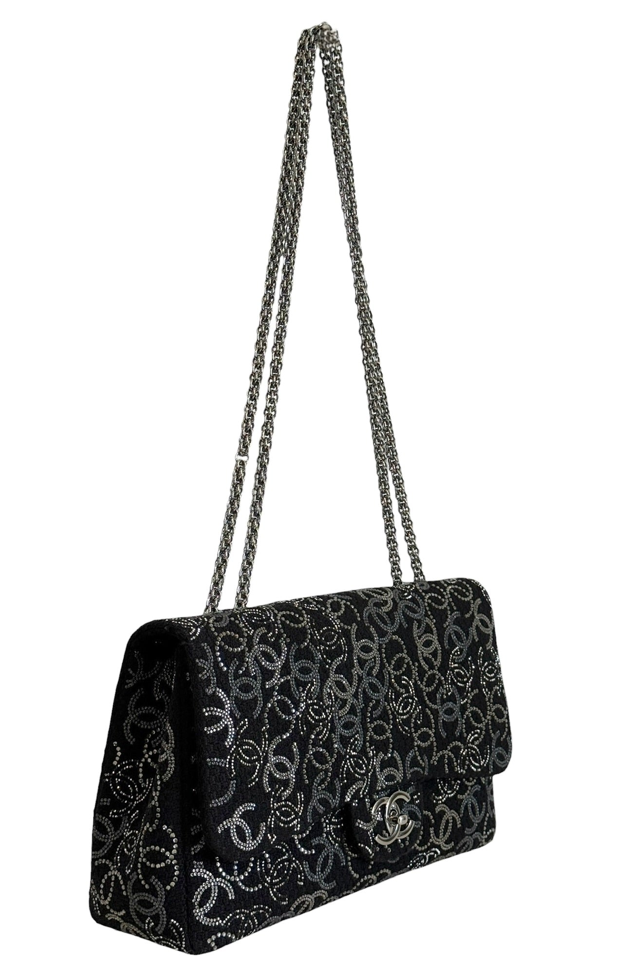 Chanel Vintage Paris-Shanghai Pudong Strass Black Tweed and Crystal CC Logo Jumbo Classic Flap Bag