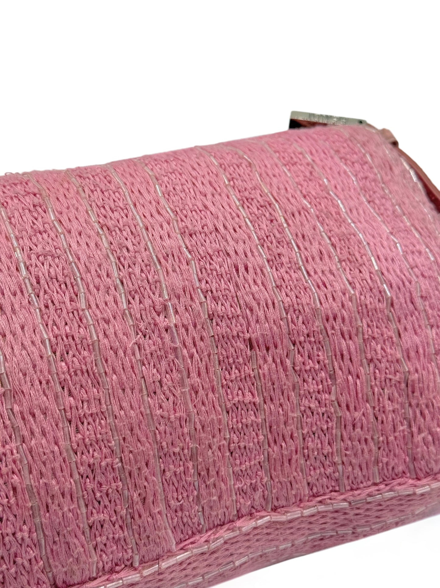 Fendi Vintage Pink Knit Silver Beaded Shoulder Baguette Bag w Cow Print Pony Hair Trim