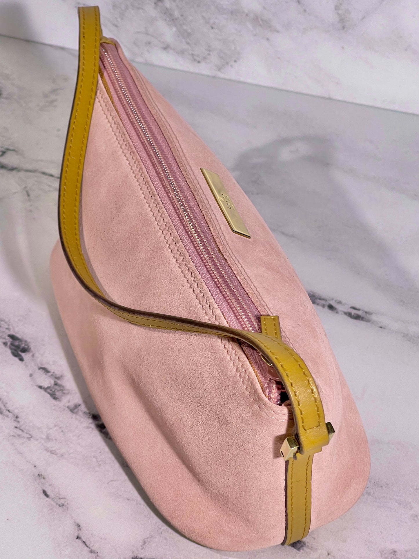 Gucci Vintage Pink Suede Boat Pochette Bag w Brown Leather Trim