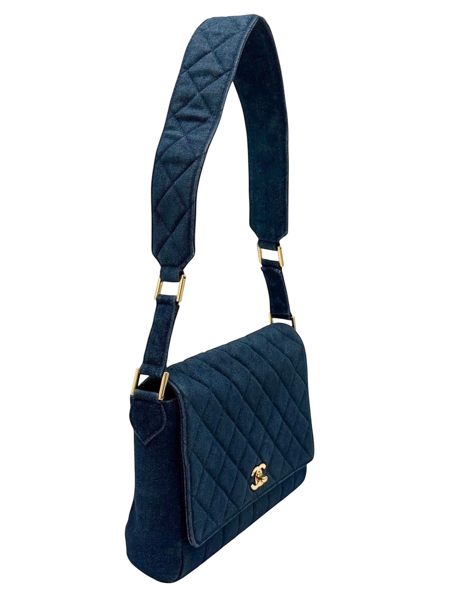 Chanel Vintage 90s Blue Denim Quilted Medium Full Flap Shoulder Bag with 24K GPHW