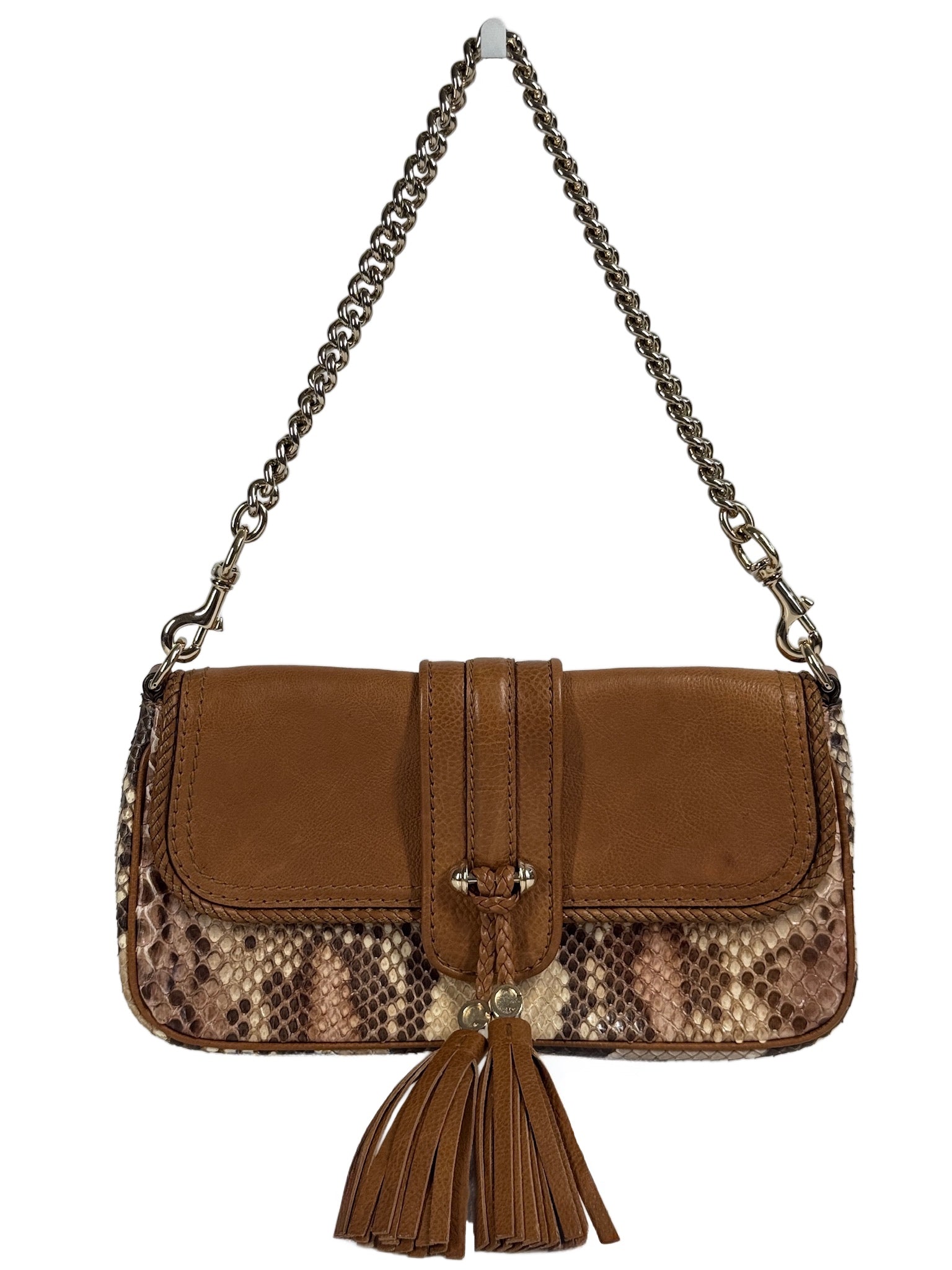 Gucci Vintage Honey Brown Leather Python Snakeskin Marrakech Chain Tassel Shoulder Clutch Pochette Bag