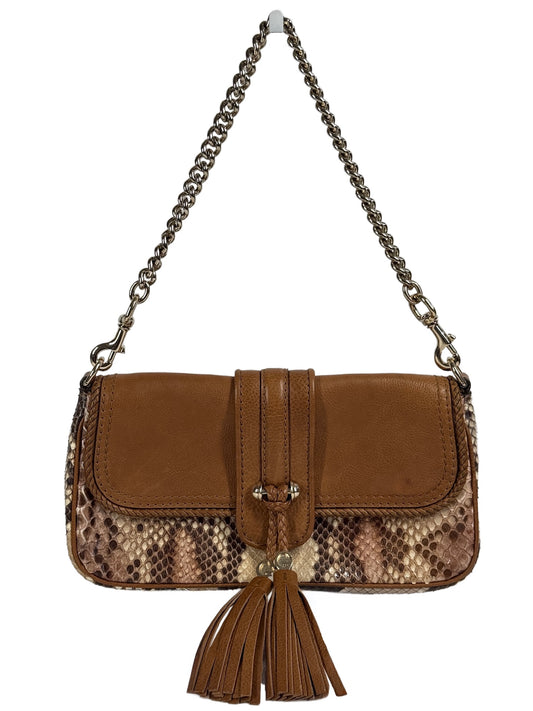 Gucci Vintage Honey Brown Leather Python Snakeskin Marrakech Chain Tassel Shoulder Clutch Pochette Bag