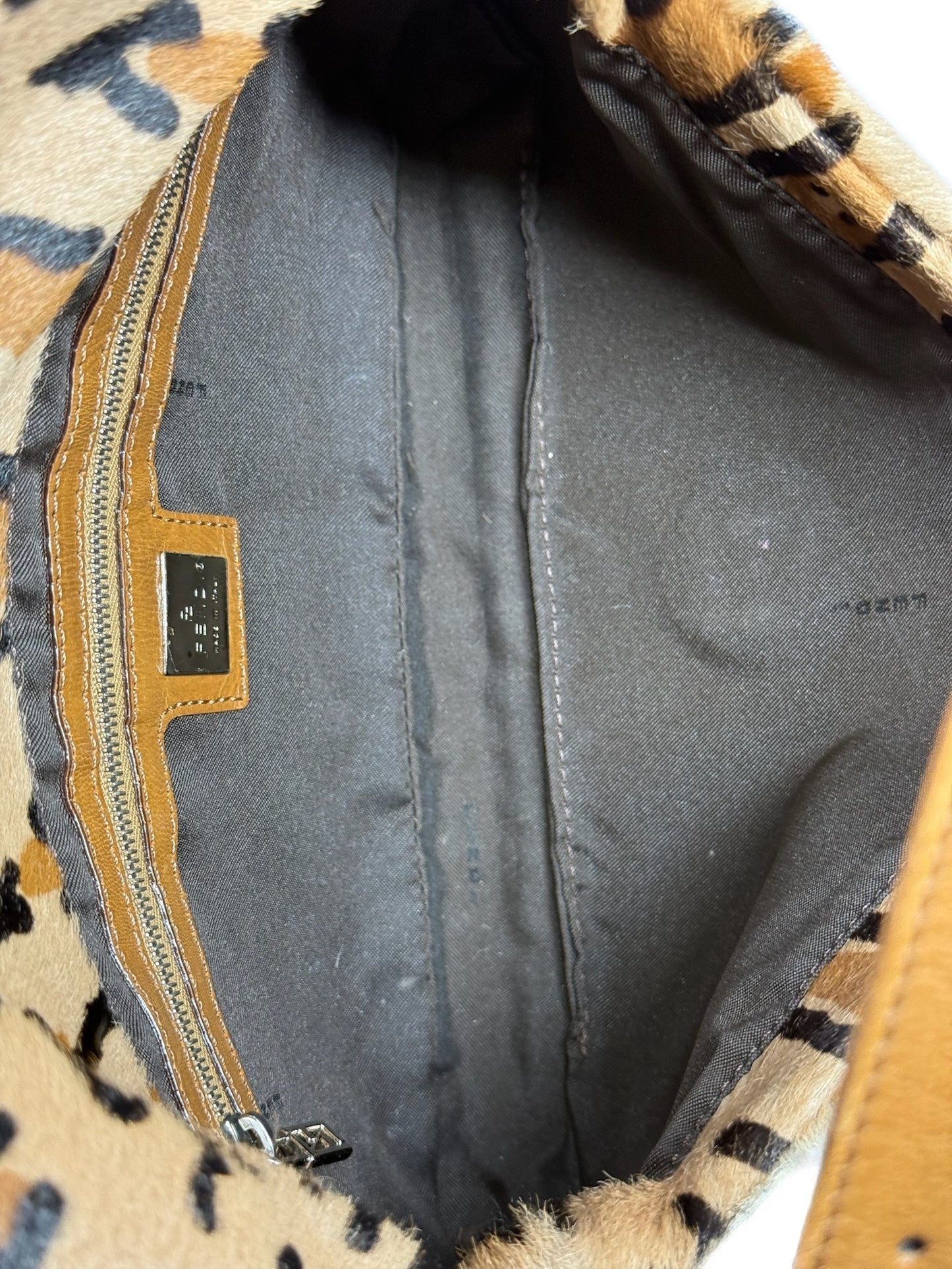 Fendi Vintage Beige Brown Leopard Print Pony Hair Shoulder Baguette Bag