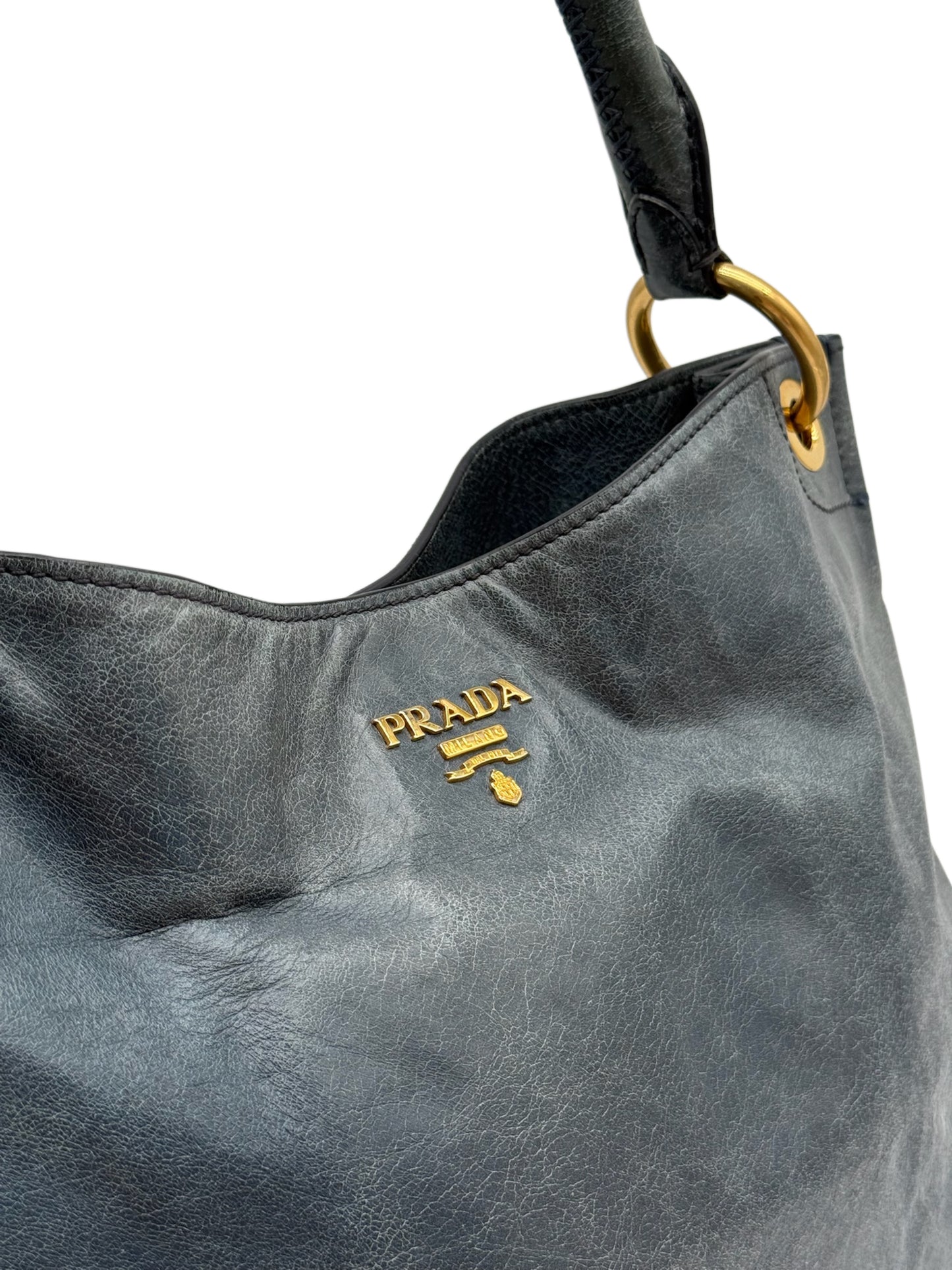 Prada Vintage Distressed Blue Crinkled Calfskin Leather Medium Hobo Shoulder Tote Bag