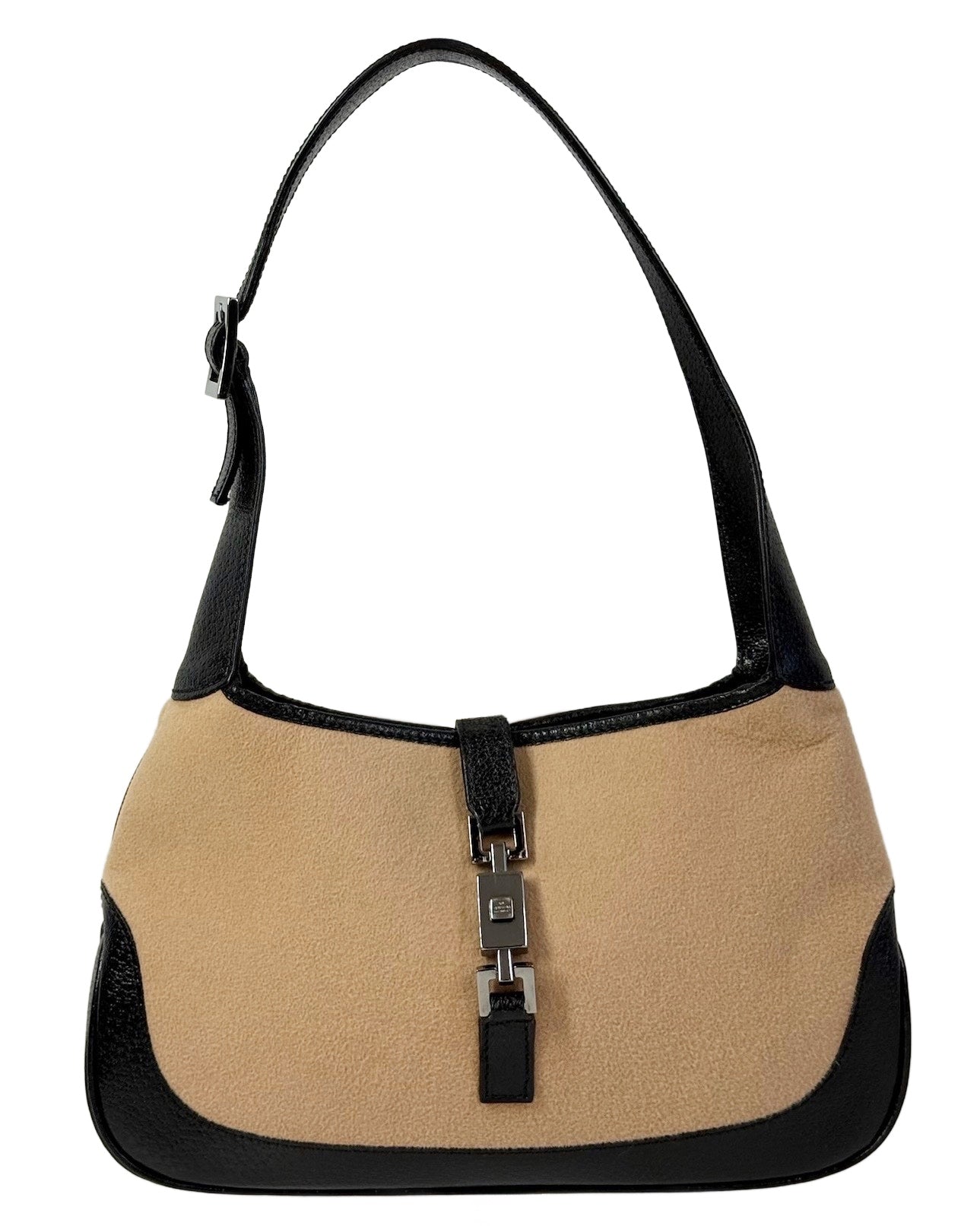 Gucci Vintage Beige Felt Black Leather Trim Small Jackie O Shoulder Bag