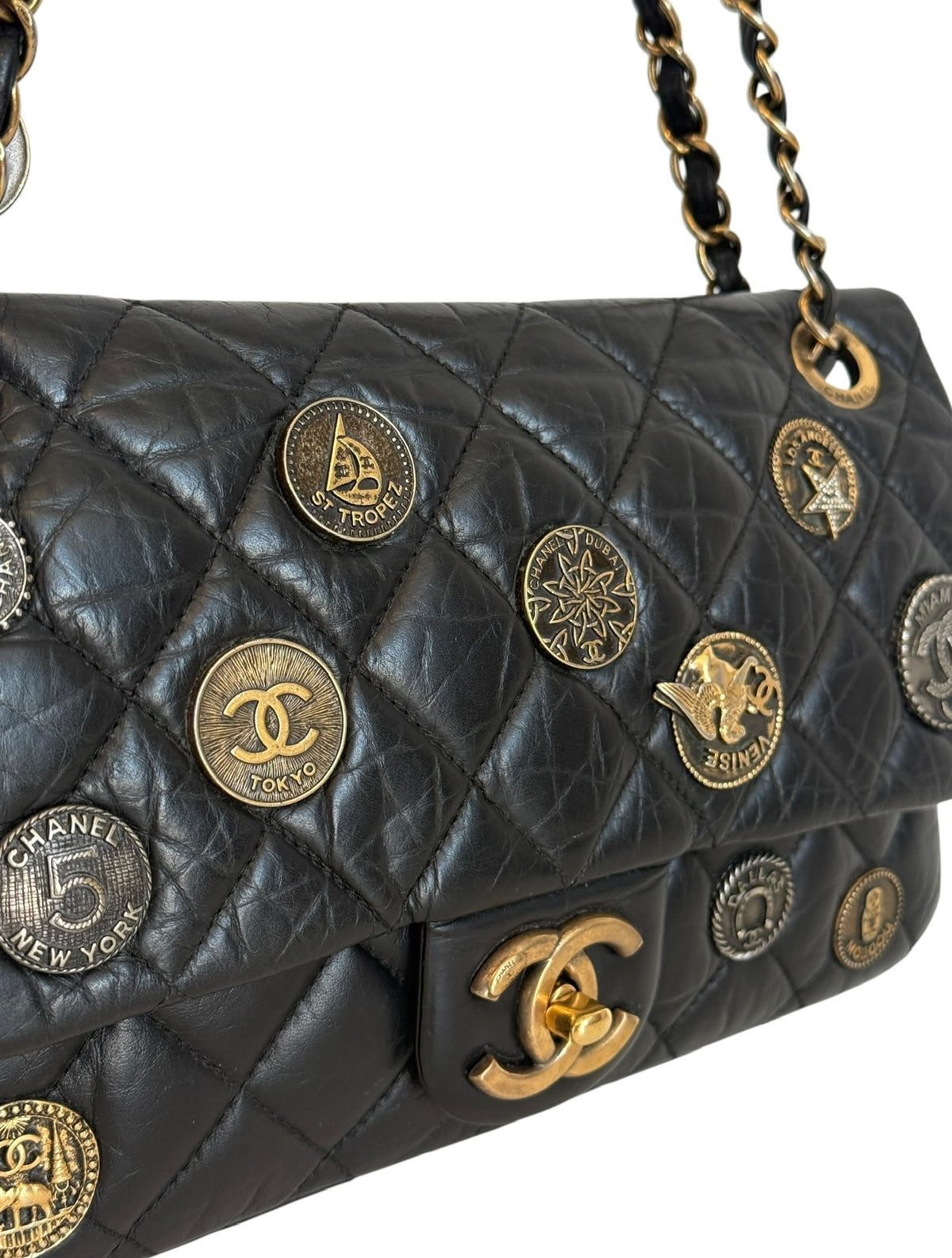 Chanel 2015 Paris-Dubai Black Crinkled Calfskin Medallions Medium Single Flap Bag with AGHW