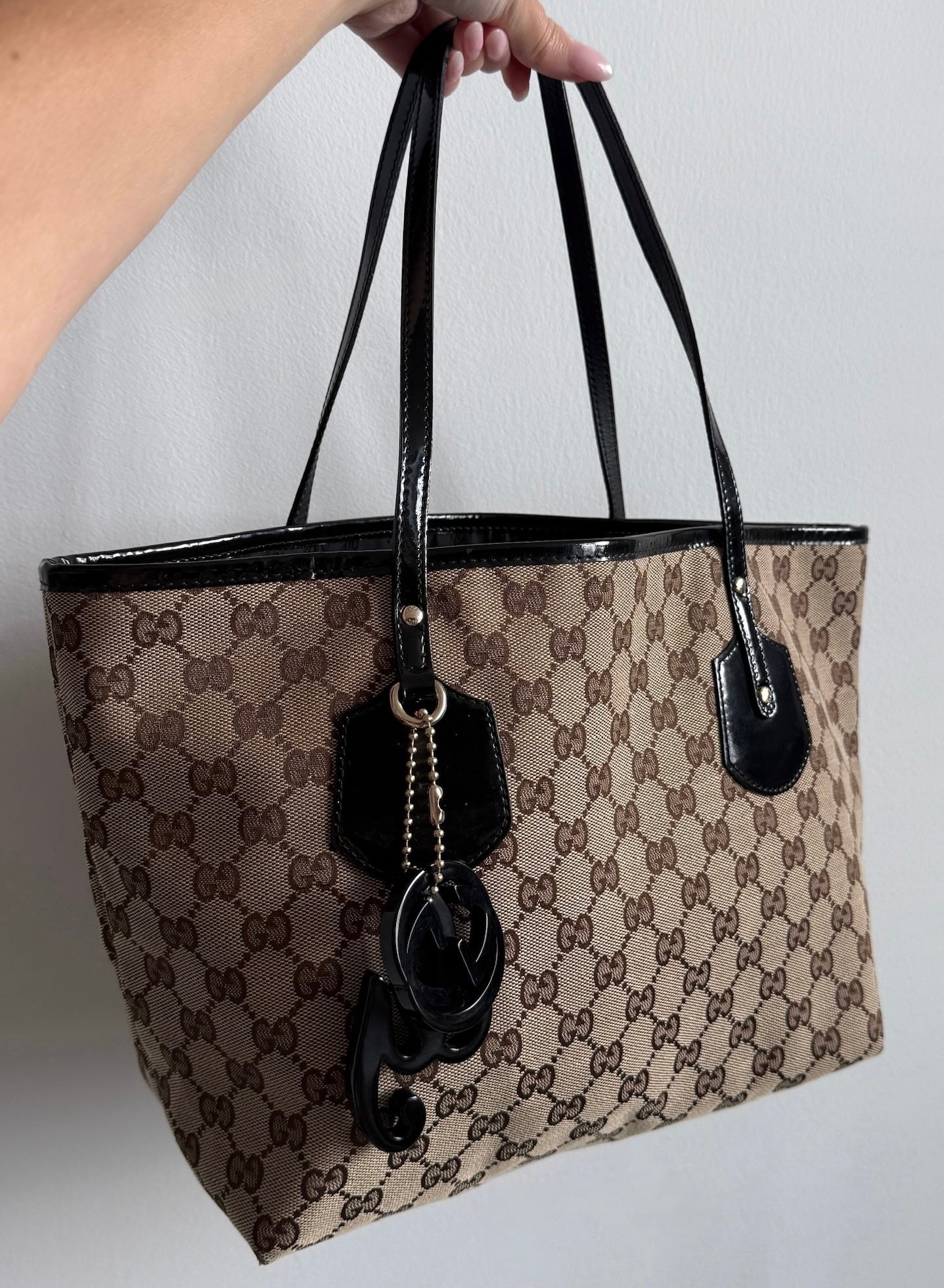 Gucci Vintage Brown GG Monogram Canvas Small Jolie Tote Bag with Black Patent Leather Trim