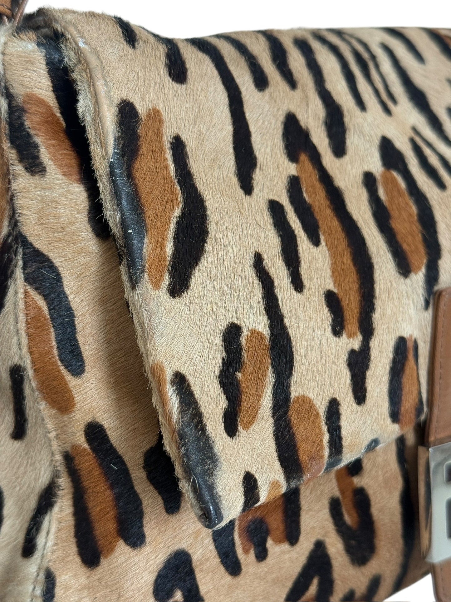 Fendi Vintage Light Brown Leopard Print Pony Hair Mamma Baguette Shoulder Bag