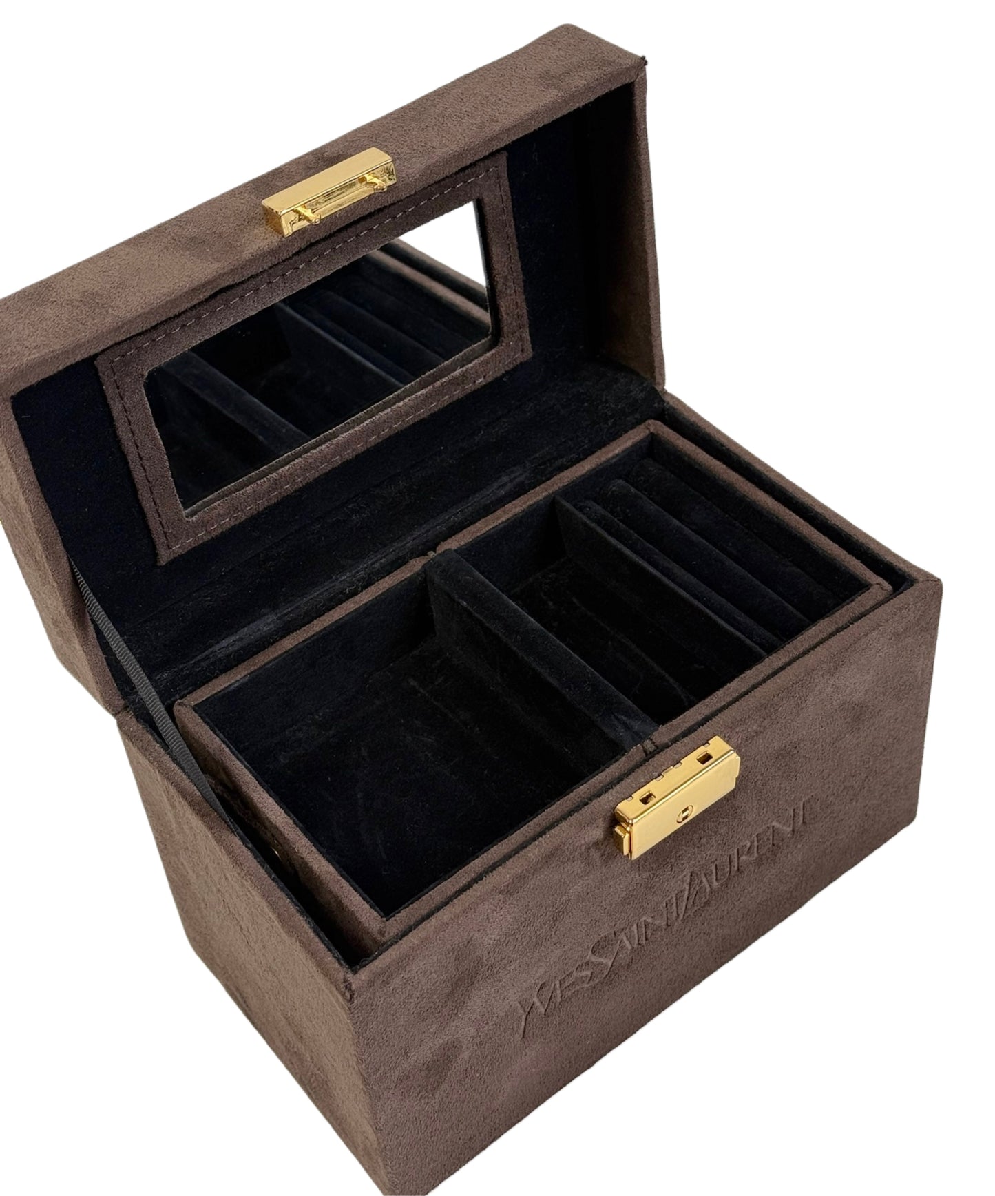 YSL / Yves Saint Laurent Vintage Brown Suede Mini Trunk Vanity Jewelry Case Box