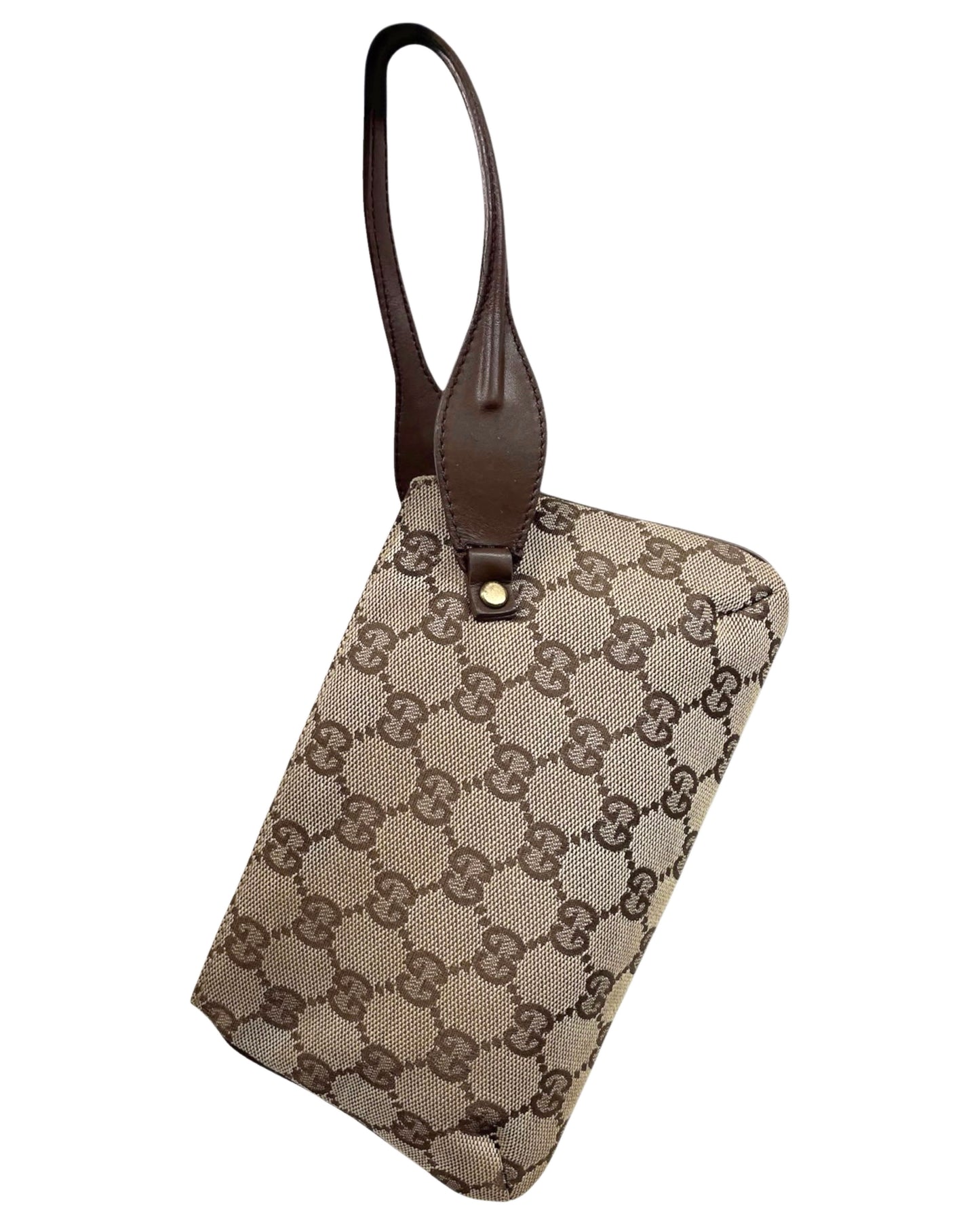 Gucci Vintage Brown GG Monogram Turnlock Wristlet Clutch 