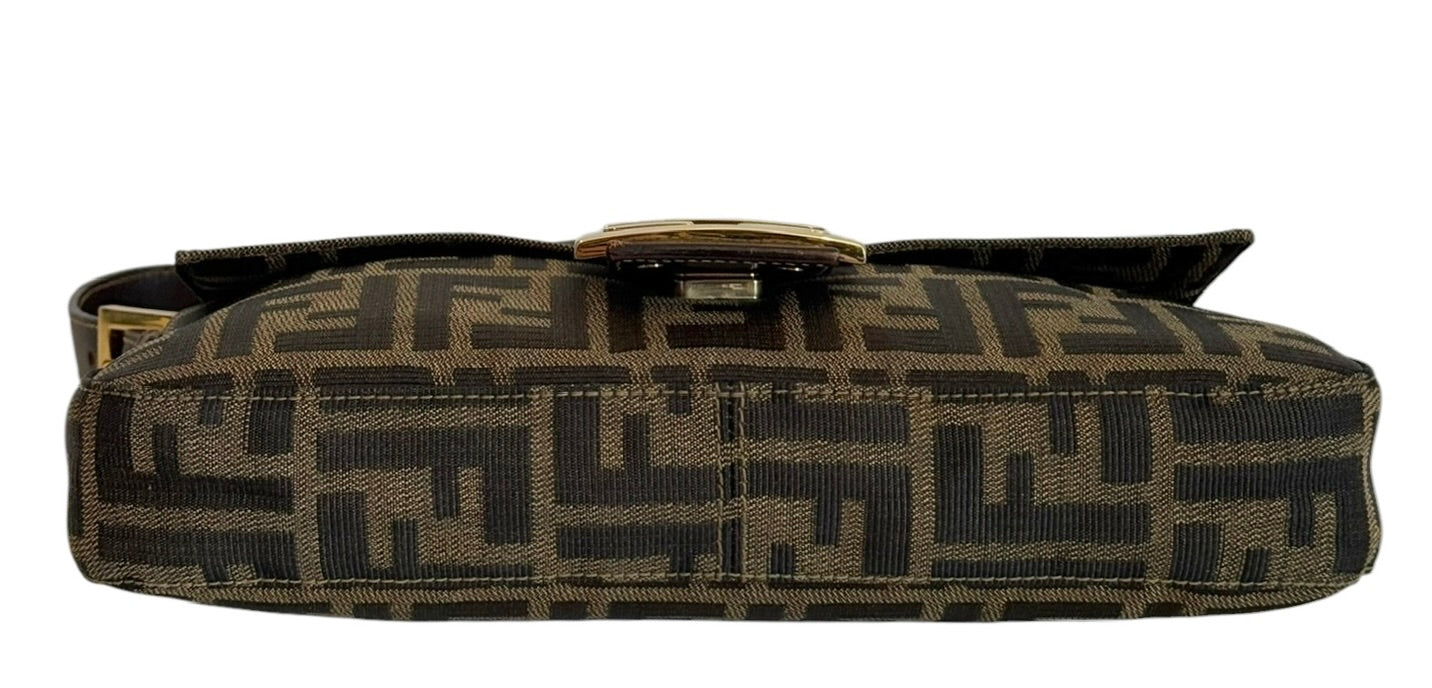 Fendi Vintage Brown Zucca Monogram Classic Shoulder Bag Baguette with Gold Hardware