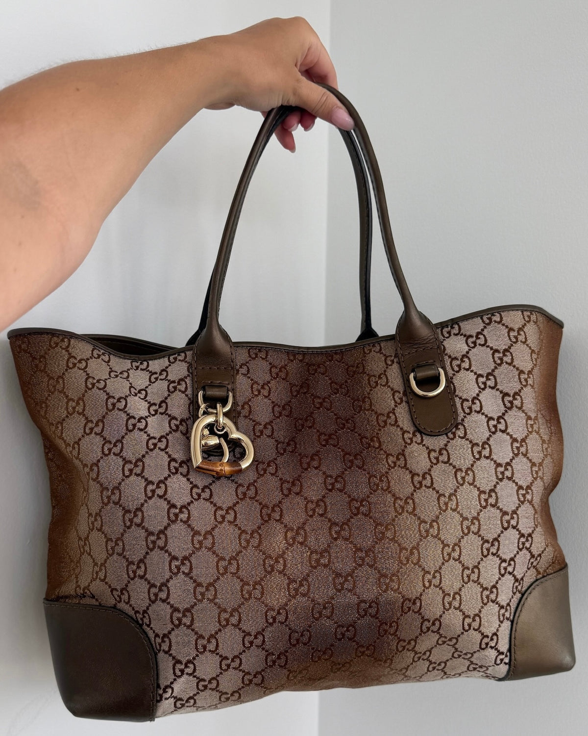 Gucci Vintage Metallic Gold GG Monogram Large Heart Bit Shoulder Tote Bag 