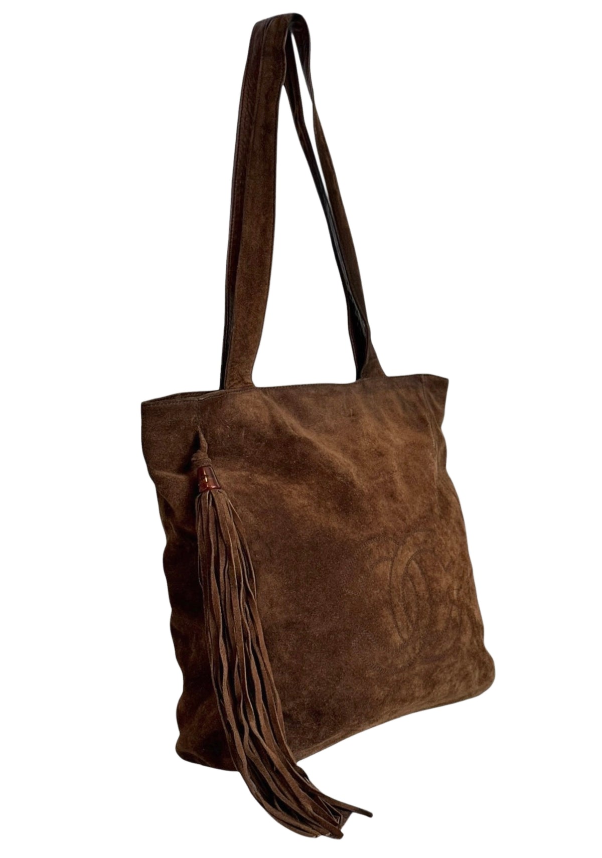 Chanel Vintage 90s Brown Suede CC Shoulder Tote Bag with Tassel