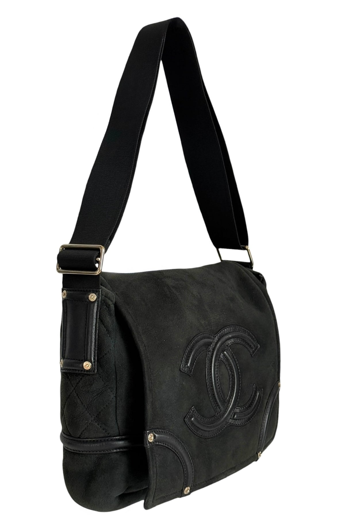 Chanel Vintage Black Micro Suede Shearling Trim CC Logo Small Shoulder Messenger Bag