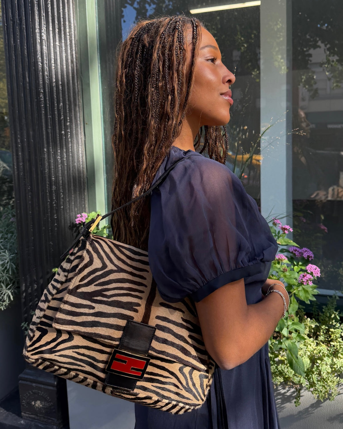 Fendi Vintage Beige Zebra Print Pony Hair Mamma Baguette Shoulder Bag with Red Enamel Trim
