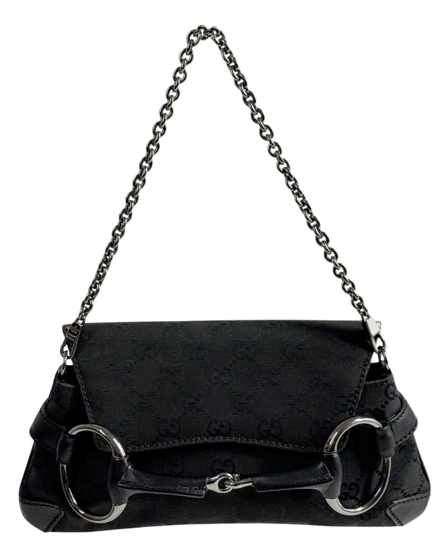 Gucci Vintage Black GG Monogram Small Horsebit Shoulder Clutch Pochette Bag