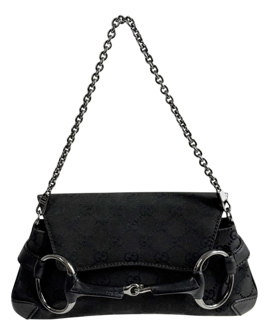 Gucci Vintage Black GG Monogram Small Horsebit Shoulder Clutch Pochette Bag