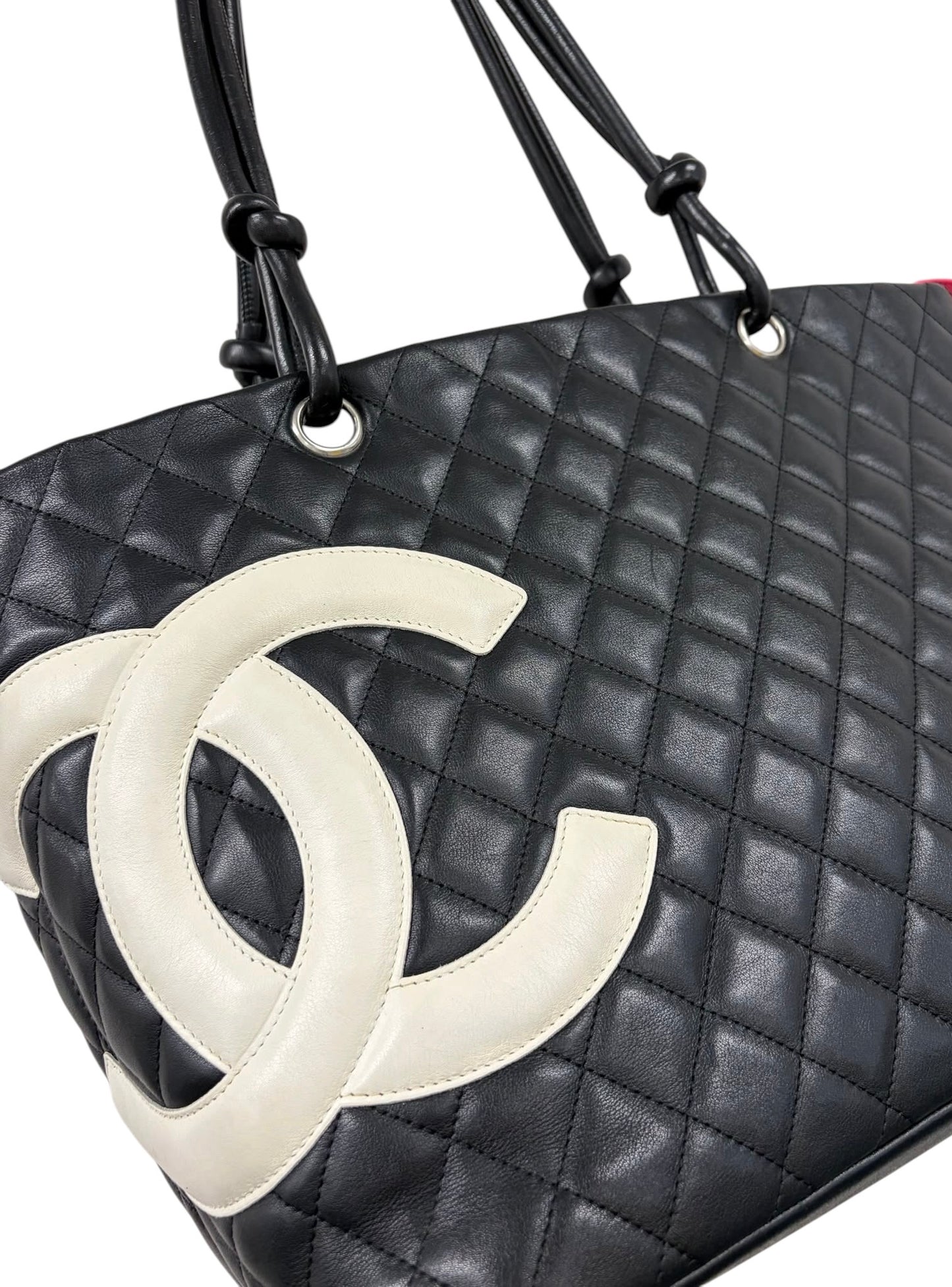 Chanel Vintage 00s Black & White Quilted Lambskin Large CC Cambon Shoulder Tote Bag