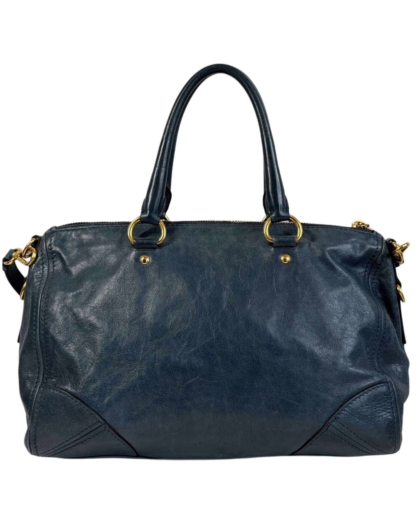 Prada Vintage Midnight Blue Crinkled Calfskin Leather Top 2-Way Hobo Shoulder Bag