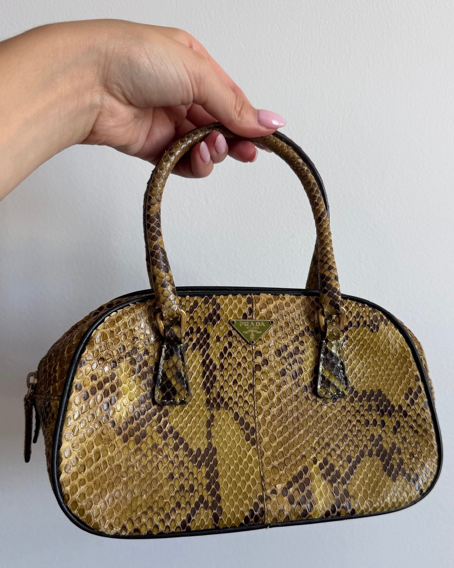 Prada Vintage Green Python Mini Bowler Top Handle Evening Bag