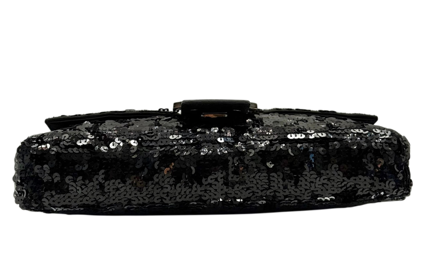 Fendi Vintage Black & Silver Sequin Zucca Monogram Shoulder Baguette Bag w Lizard Trim