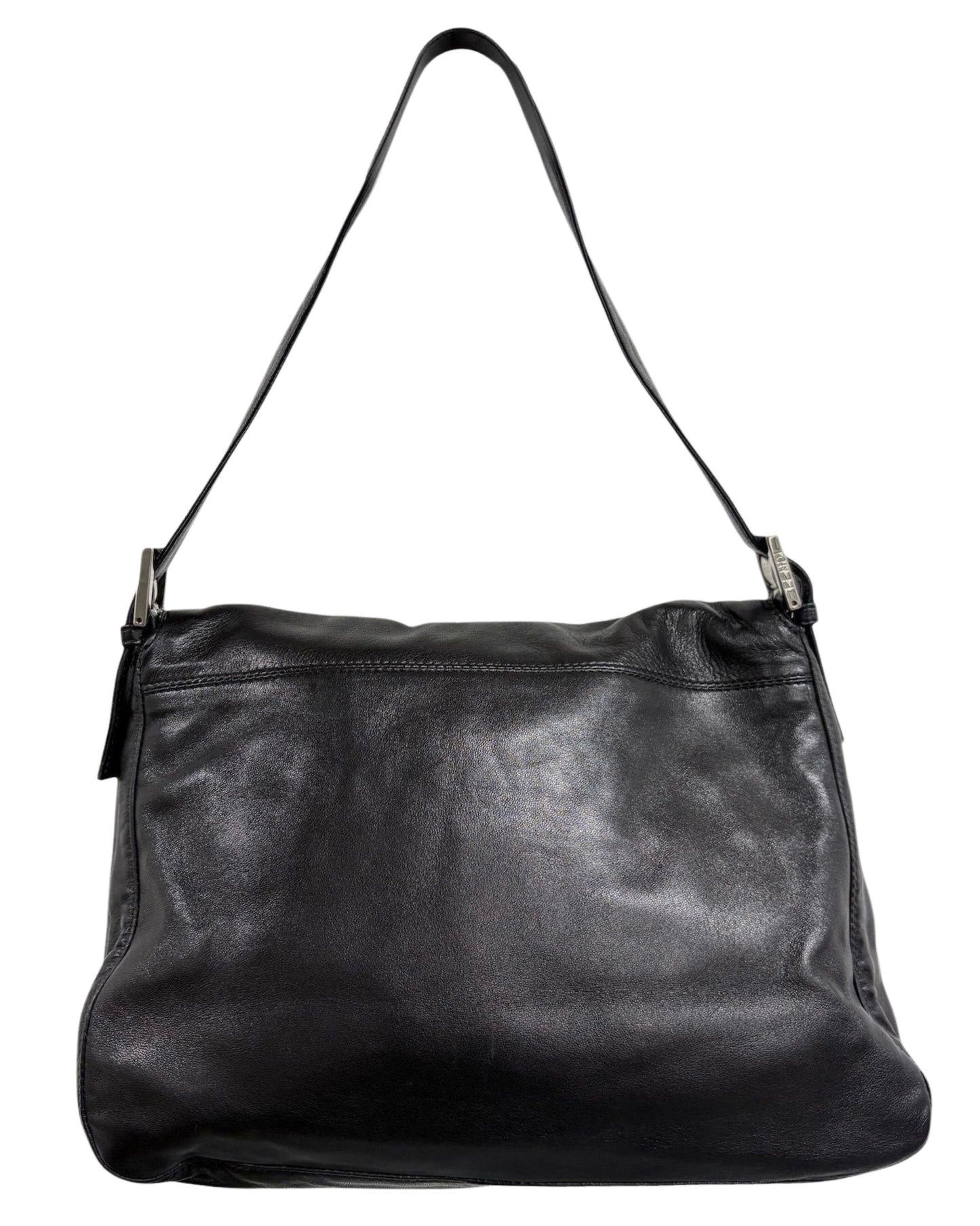 Fendi Vintage Black Lambskin Green Logo Mamma Shoulder Baguette Bag
