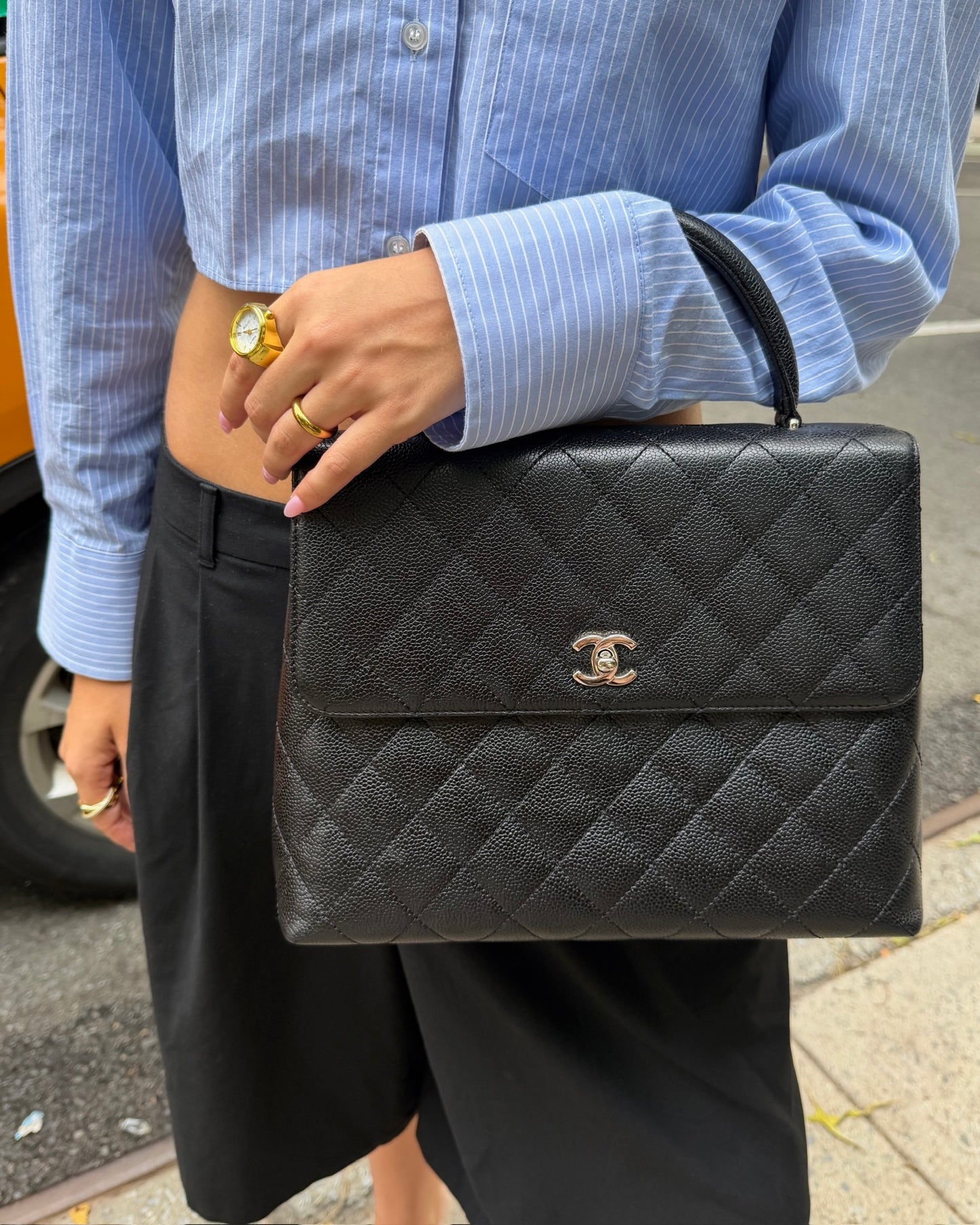 Chanel Vintage 00s Black Quilted Caviar Large Kelly Top Handle Flap Bag with Silver Hardware