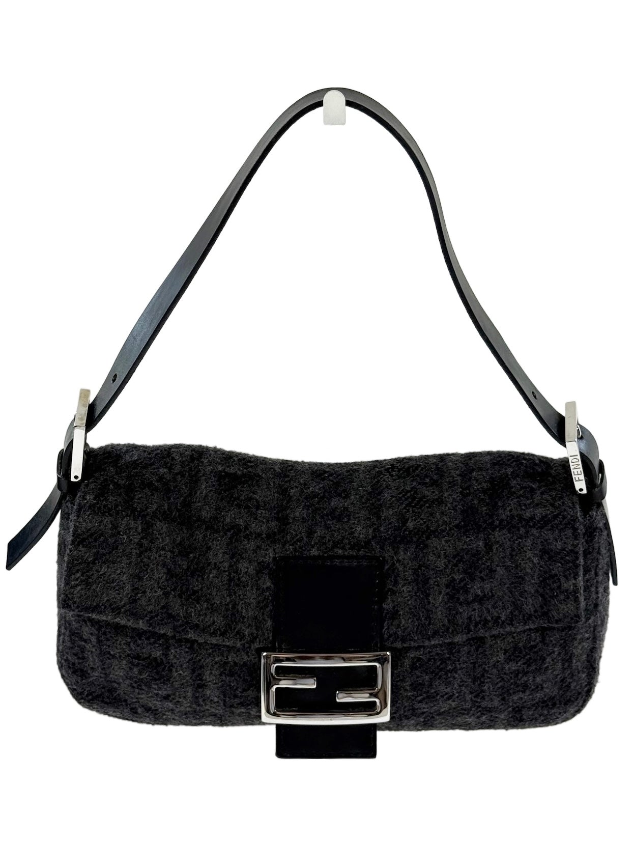 Fendi Vintage Gray Black Zucca Monogram Knit Wool Shoulder Baguette Bag