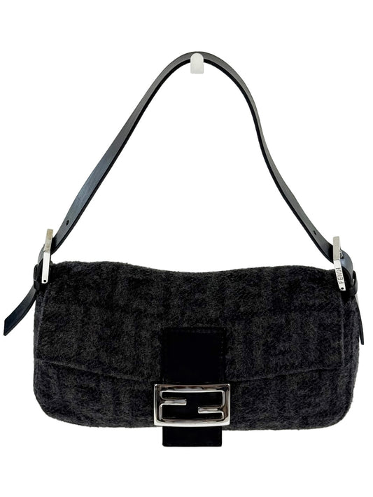 Fendi Vintage Gray Black Zucca Monogram Knit Wool Shoulder Baguette Bag