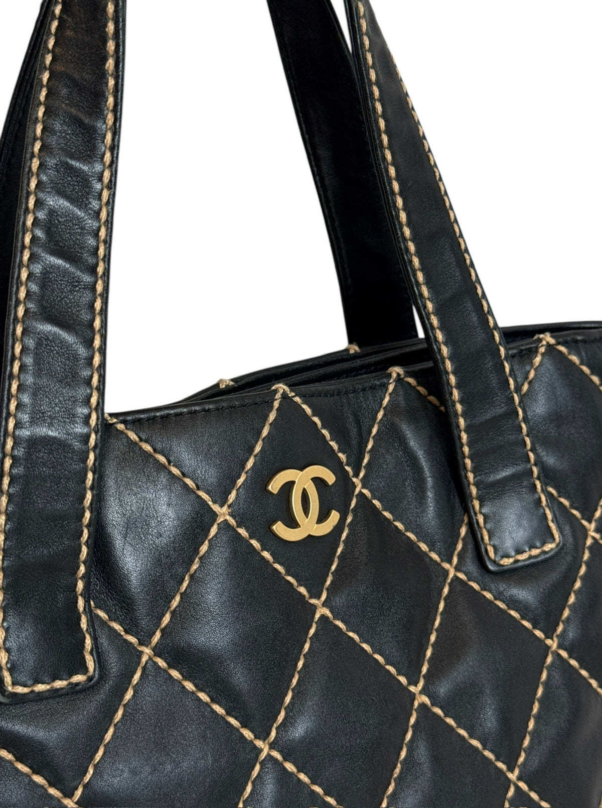 Chanel Vintage 00s Black Quilted Lambskin Wild Stitch Small Shoulder Tote Bag