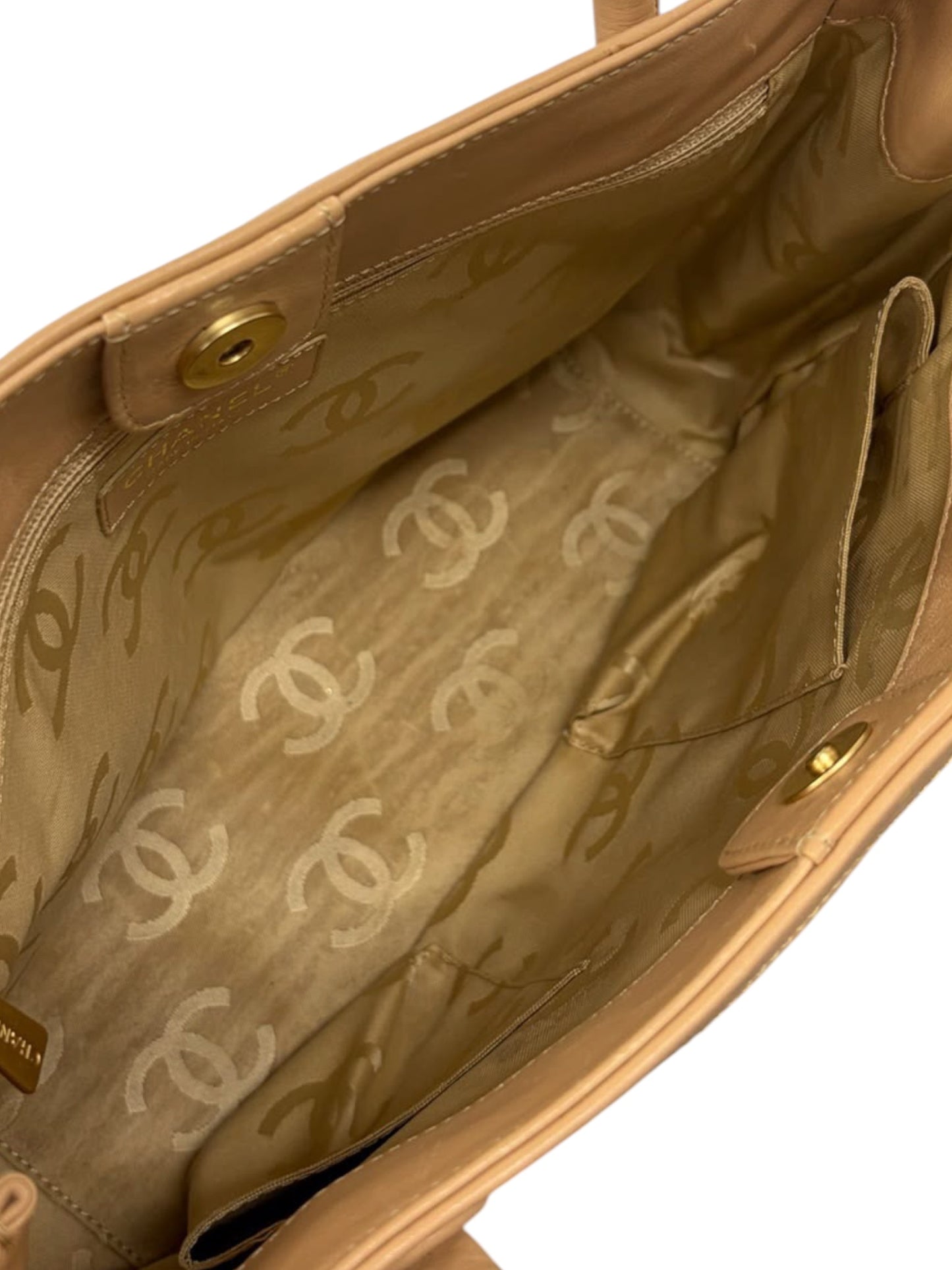 Chanel Vintage 00s Beige Lambskin Triple CC Small Shoulder Tote Bag