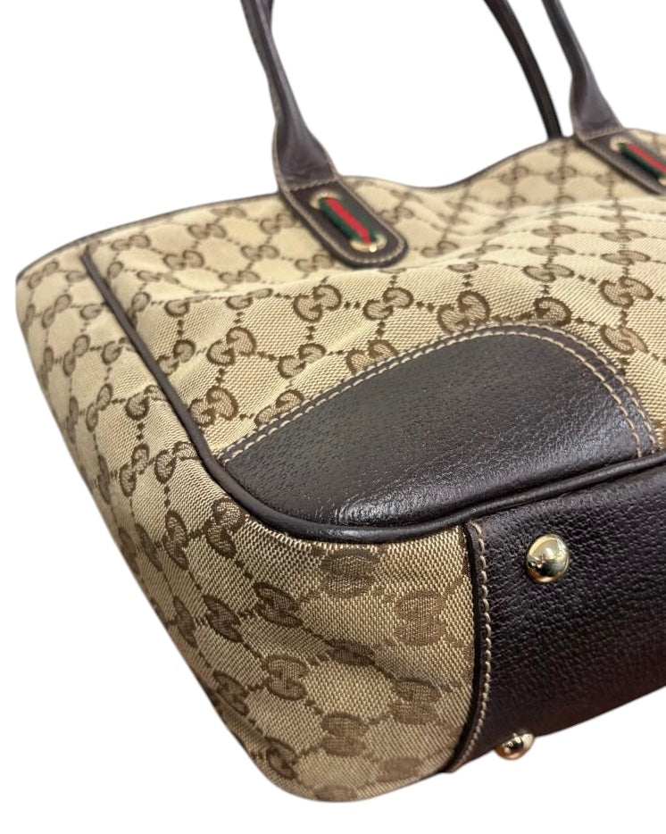 Gucci Vintage Brown GG Monogram Medium Princy Shoulder Tote Bag with Webb Stripe Bow