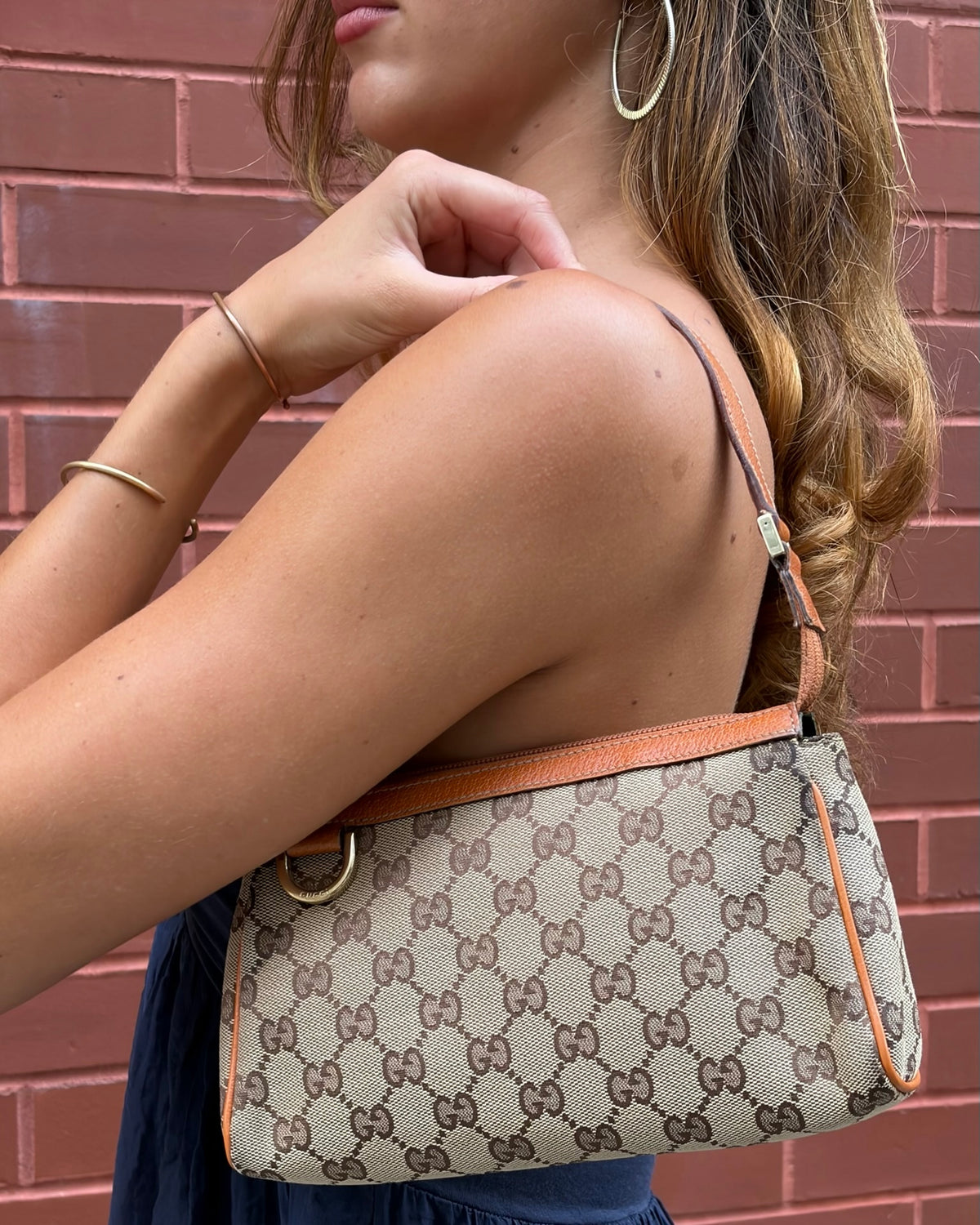 Gucci Vintage Brown GG Monogram Orange Leather Trim Abbey Pochette