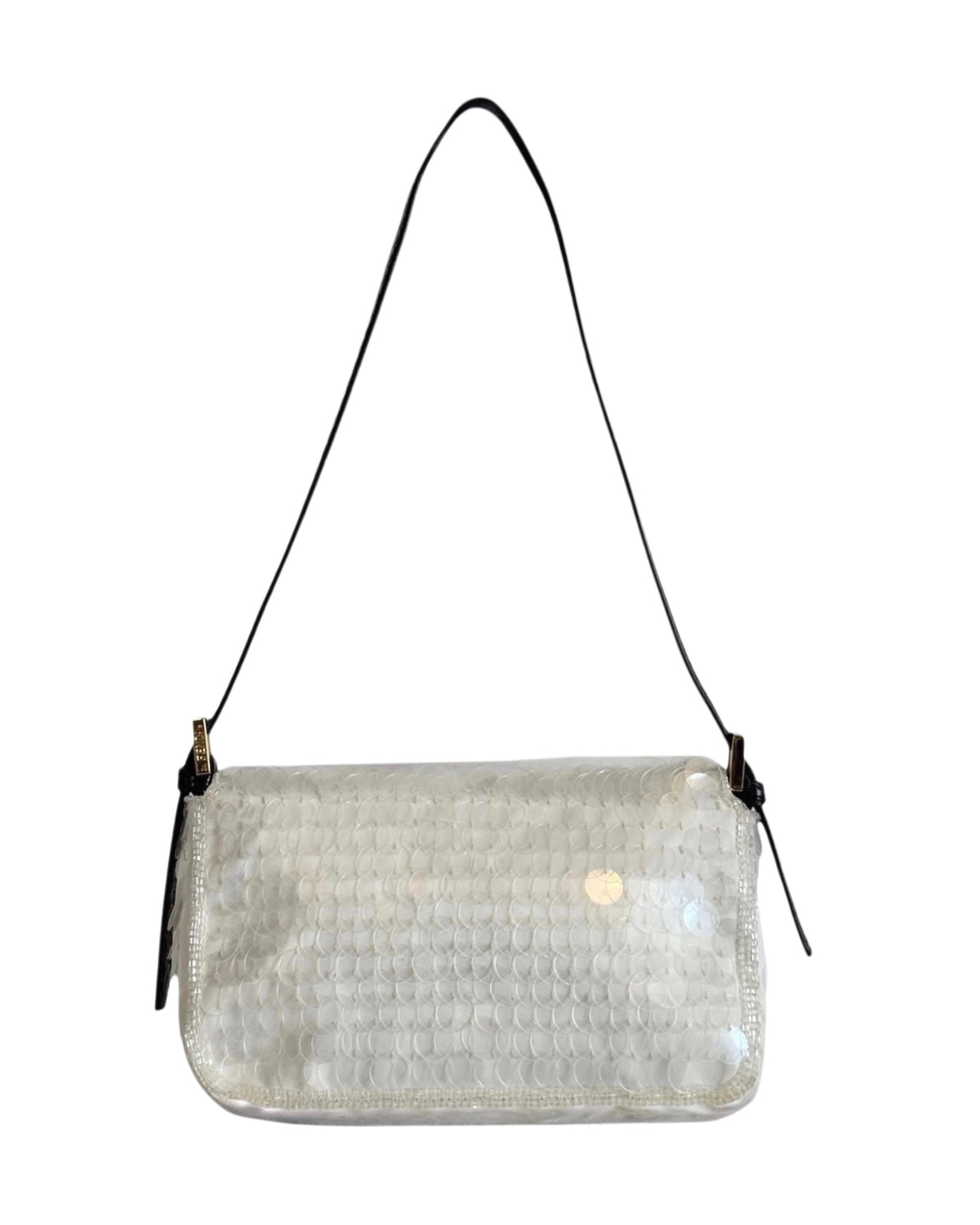 Fendi White Sequin Beaded Re-Edition Mini Shoulder Baguette Bag with Black Python Trim
