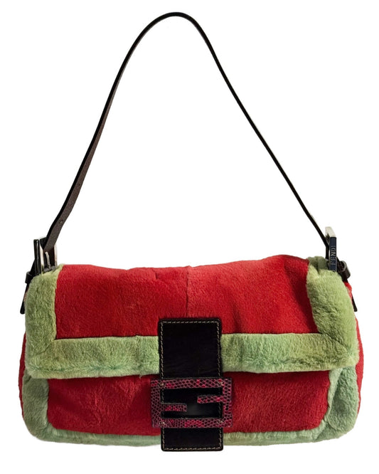 Fendi Vintage Red & Green Rabbit Fur Lizard Trim Shoulder Baguette Bag
