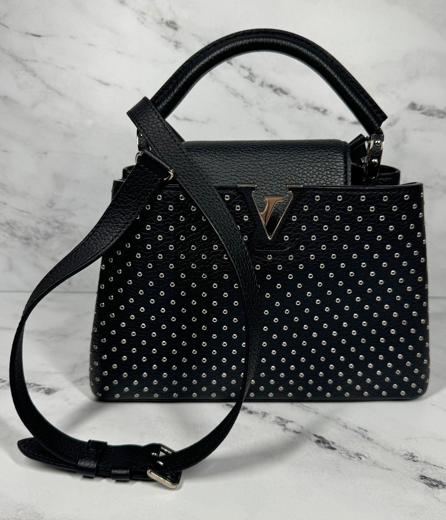 Louis Vuitton Black Taurillon Leather Silver Studded Capucines BB