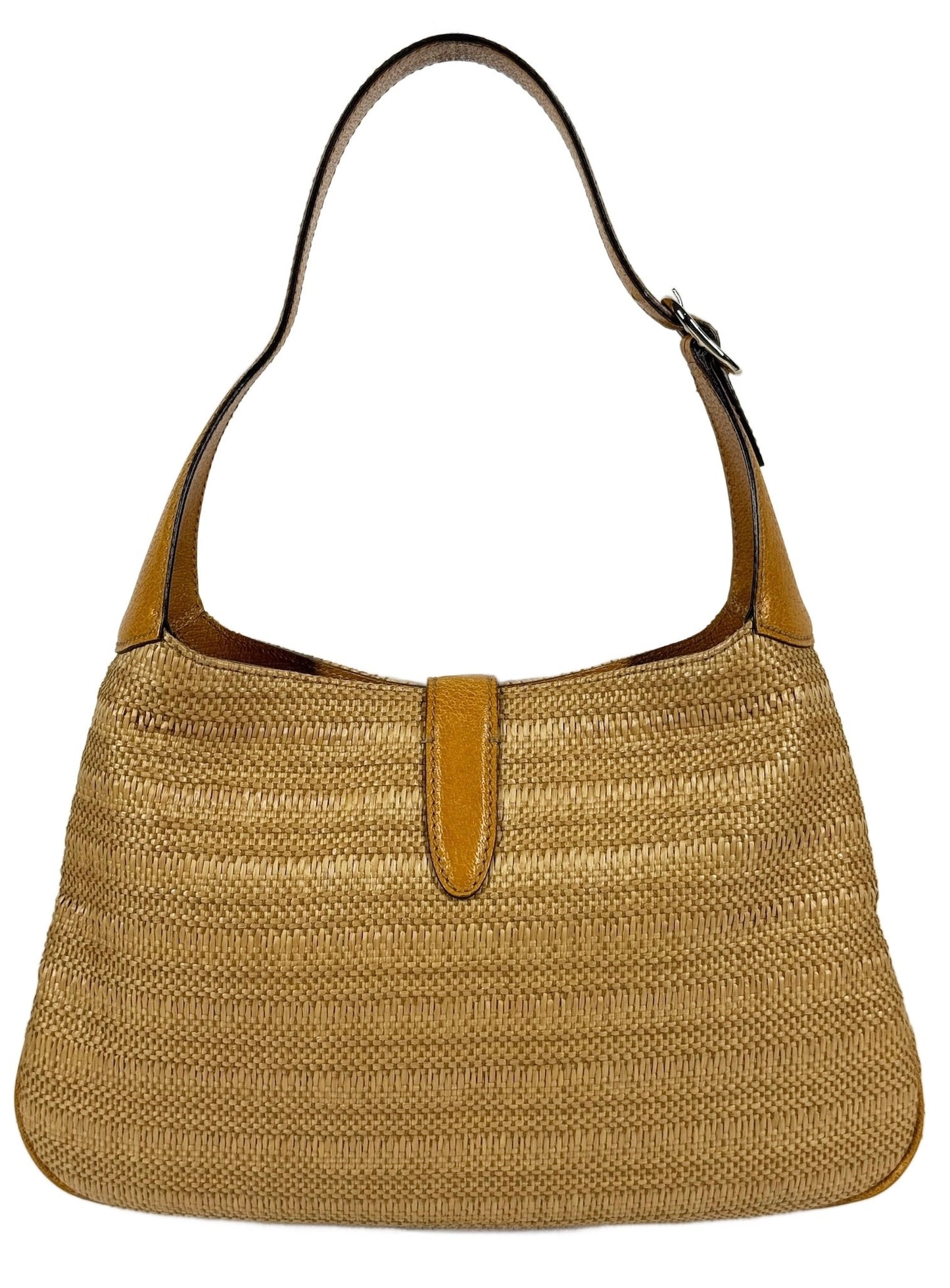 Gucci Vintage Embroidered Sequin Raffia Jackie Shoulder Bag w Gold Leather Trim