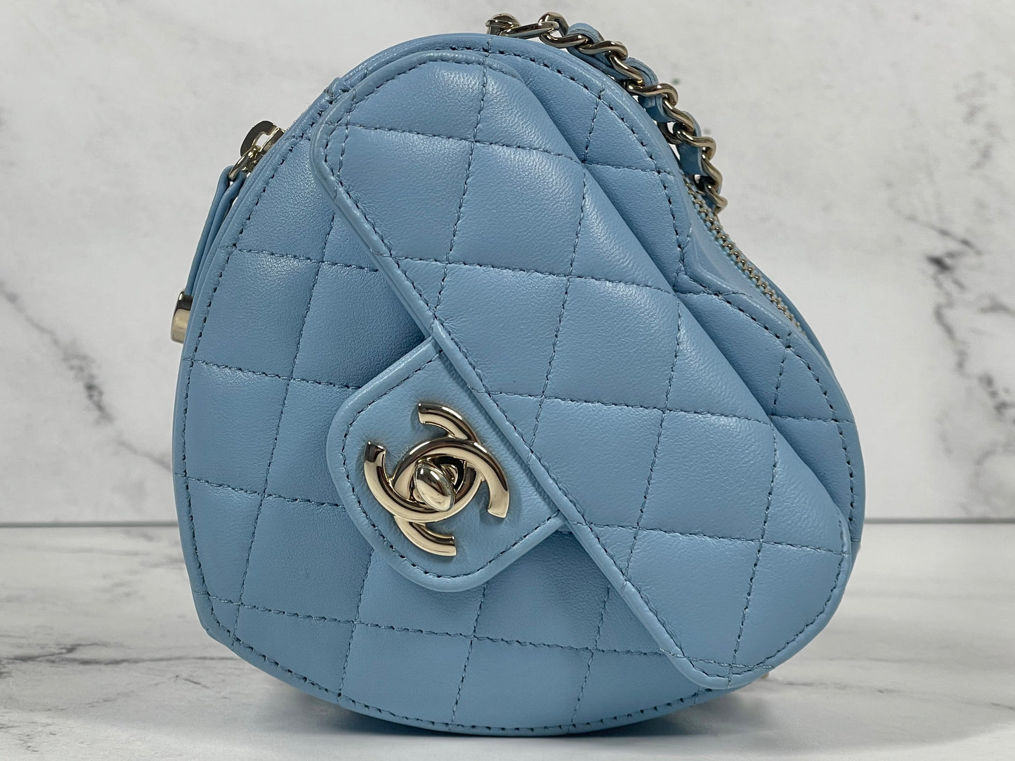 Chanel 22S Baby Blue Quilted Lambskin Small Heart Bag Clutch with on Chain