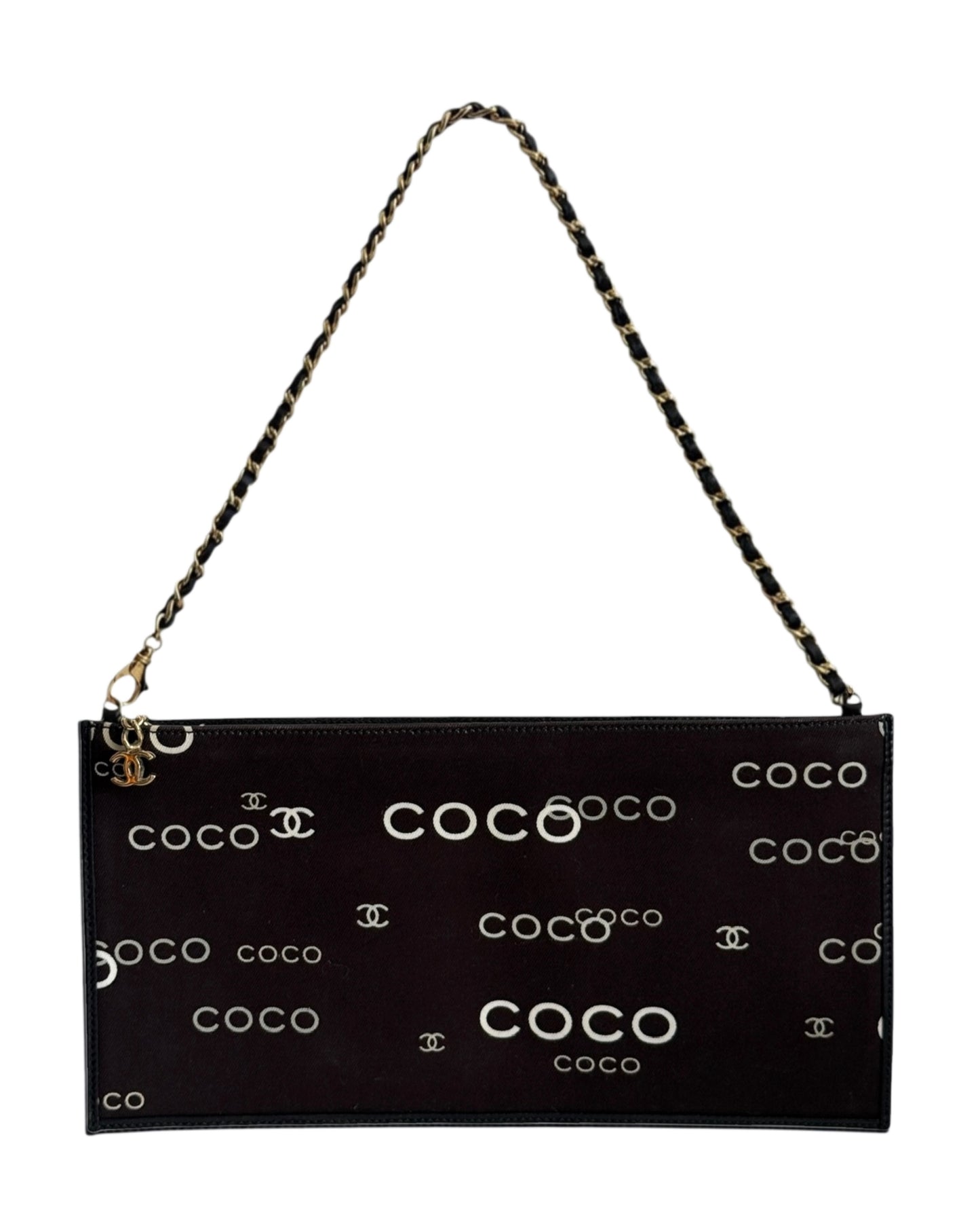 Chanel Vintage 00s Black Canvas Coco CC Logo Motif Flat Pochette Shoulder Bag