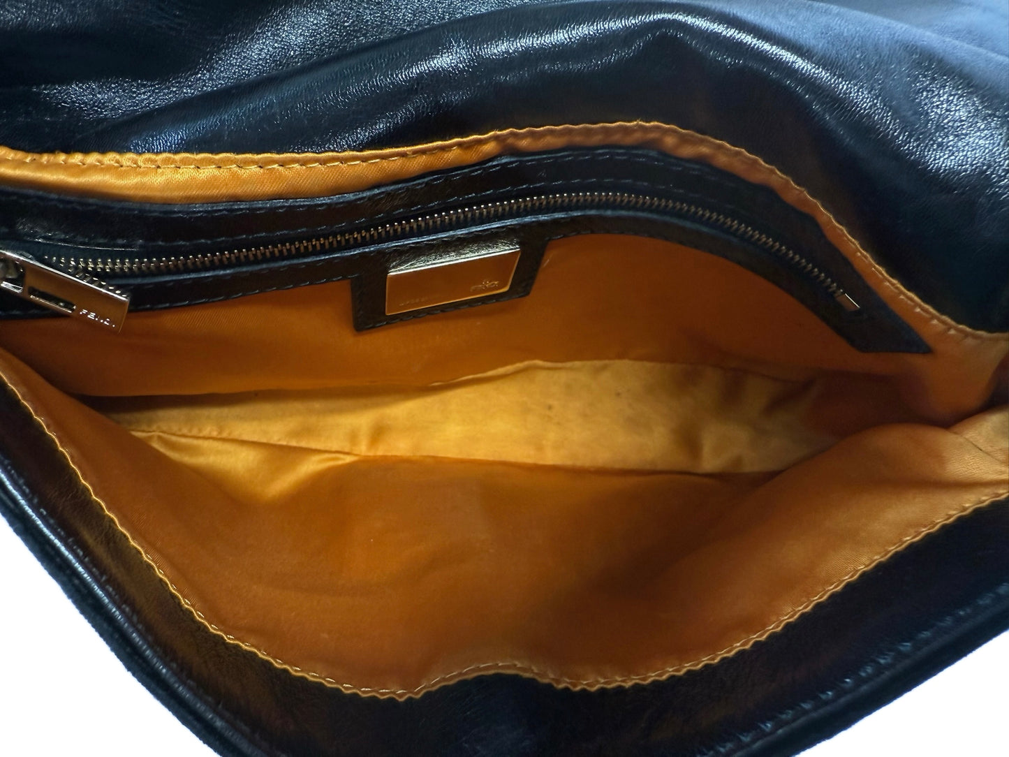 Fendi Vintage Black Embossed Monogram Velvet Velour Shoulder Baguette Bag w Gold Crystal Logo