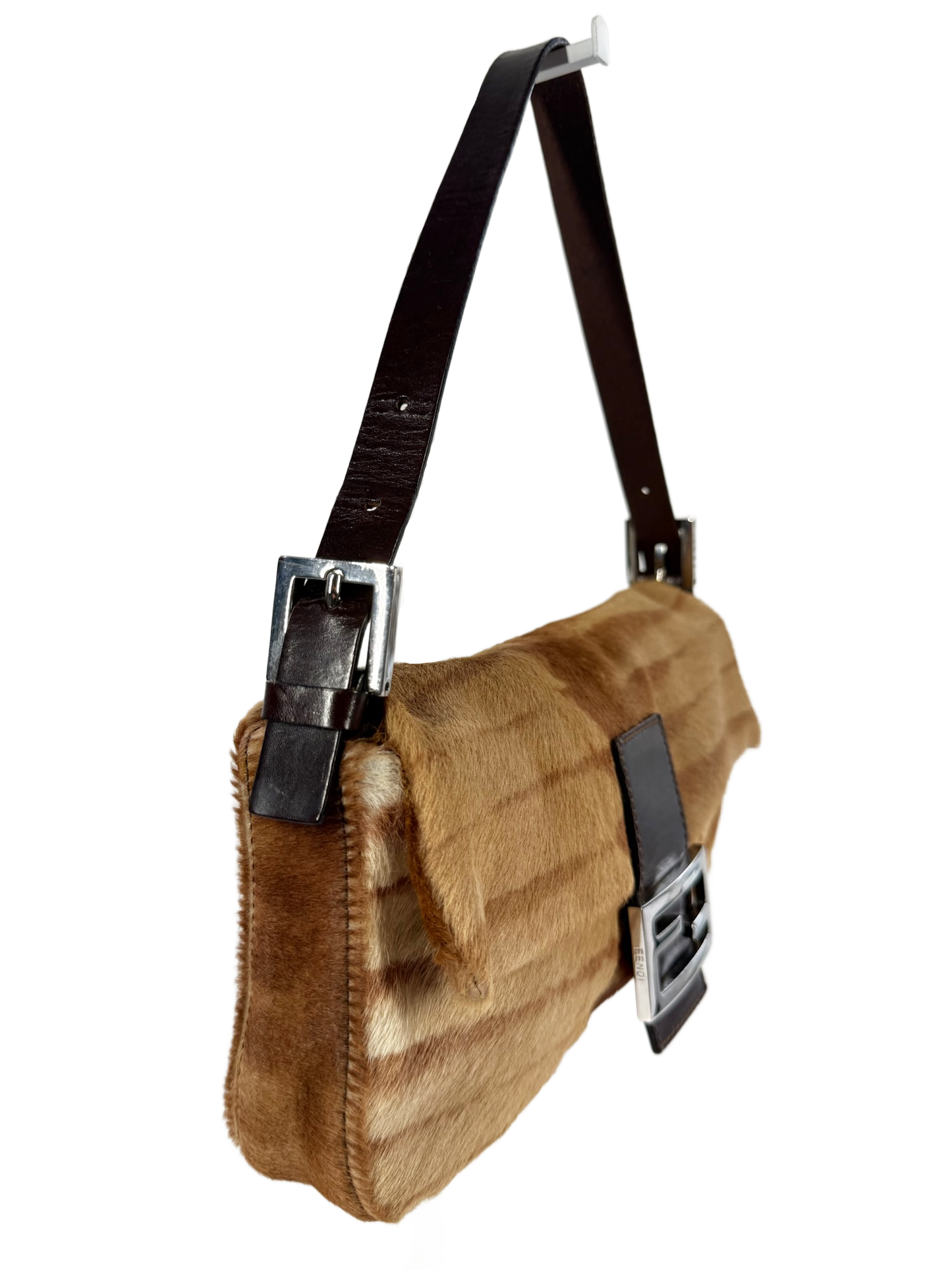 Fendi Vintage Brown Beige Giraffe Print Pony Hair Shoulder Baguette Bag