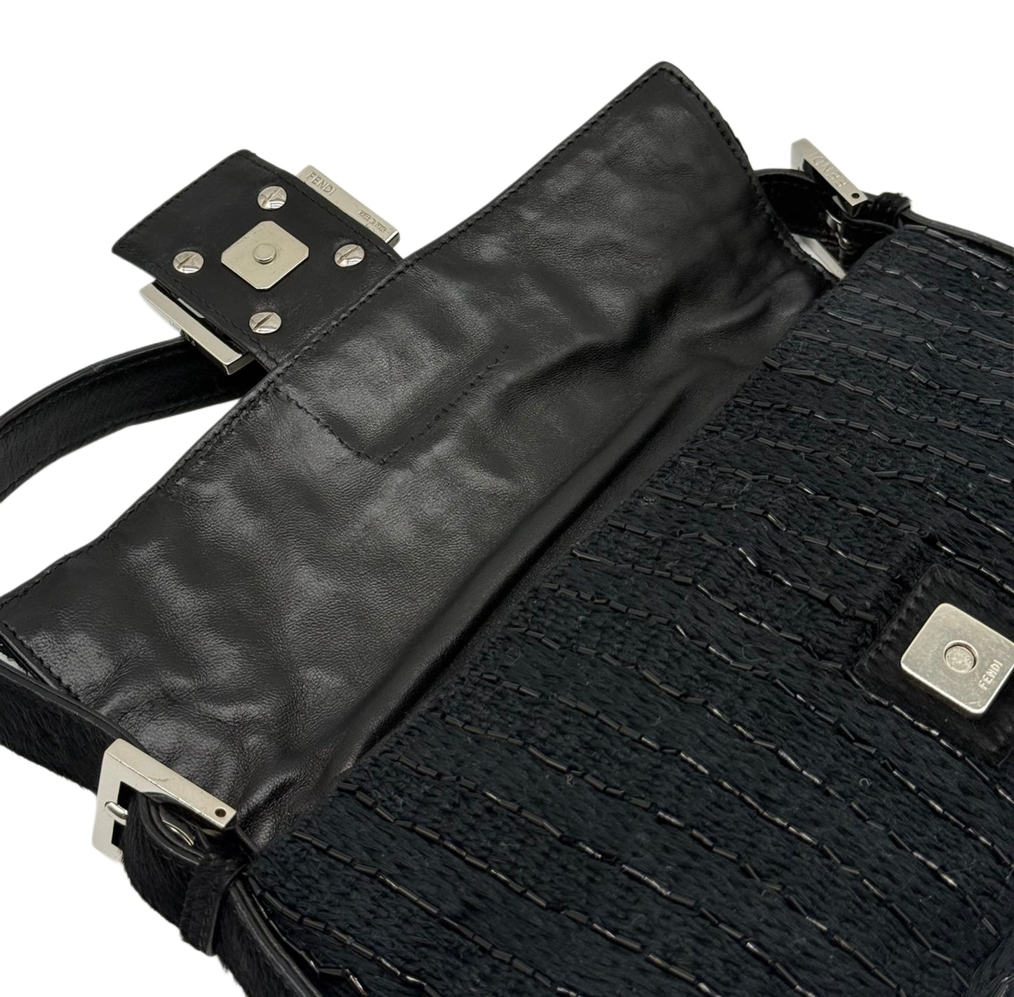 Fendi Vintage Black Knit Silver Beaded Shoulder Baguette Bag w Black Pony Hair Trim