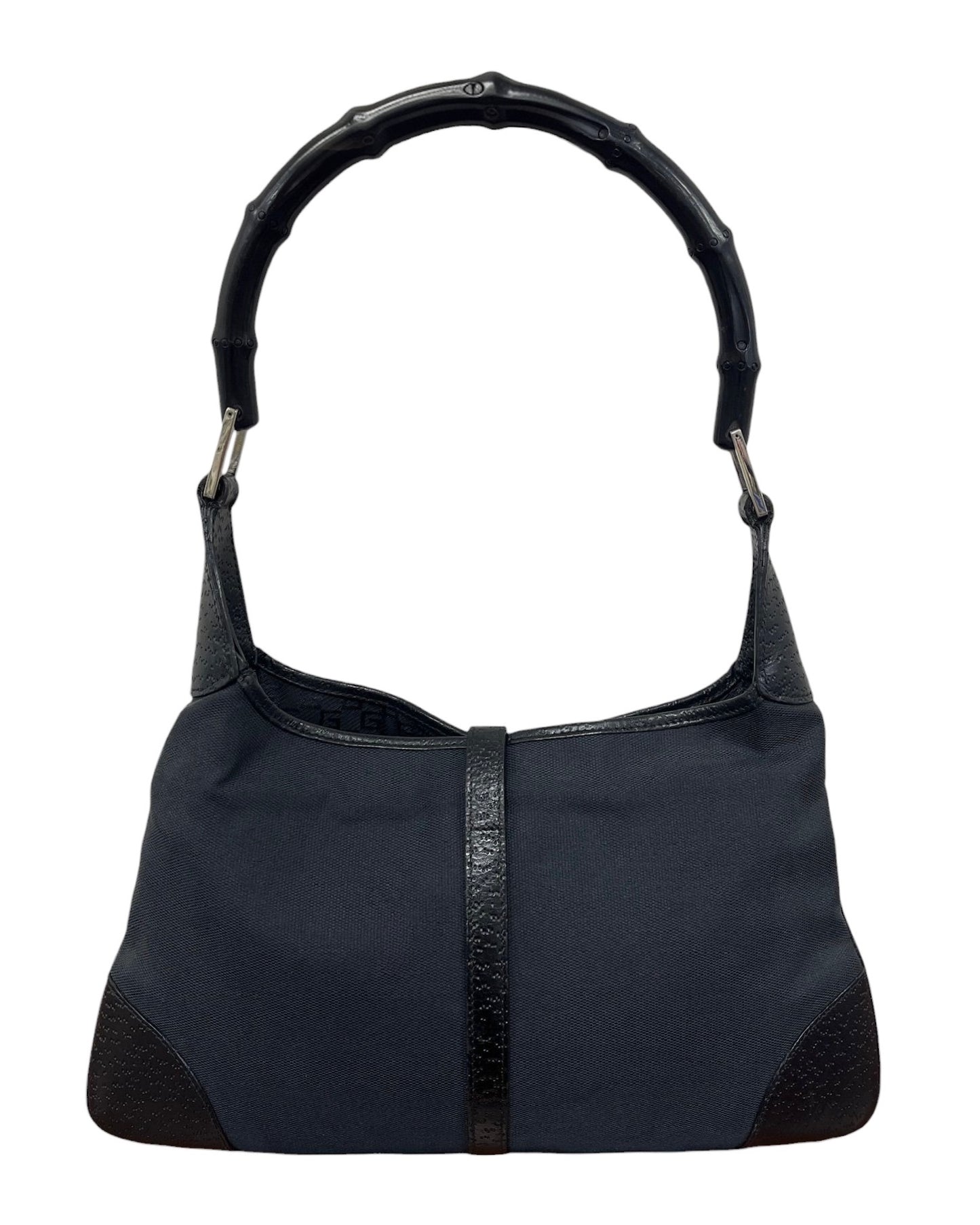 Gucci Vintage Black Canvas Leather Trim Bamboo Handle Small Jackie Shoulder Bag