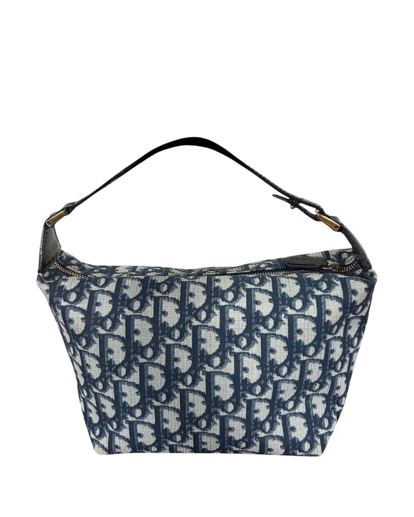 Dior Vintage 2002 Blue & White Trotter Monogram Canvas Small Cosmetic Pouch Handle Pochette Bag