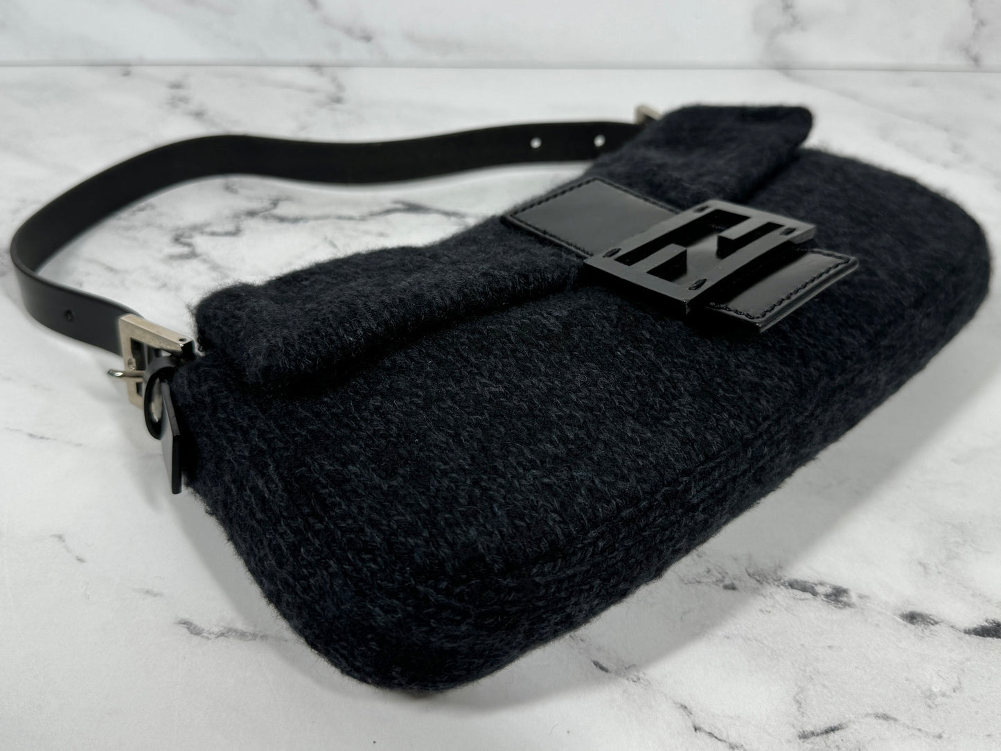 Fendi Vintage Dark Gray & Black Wool Knit Baguette Shoulder Bag