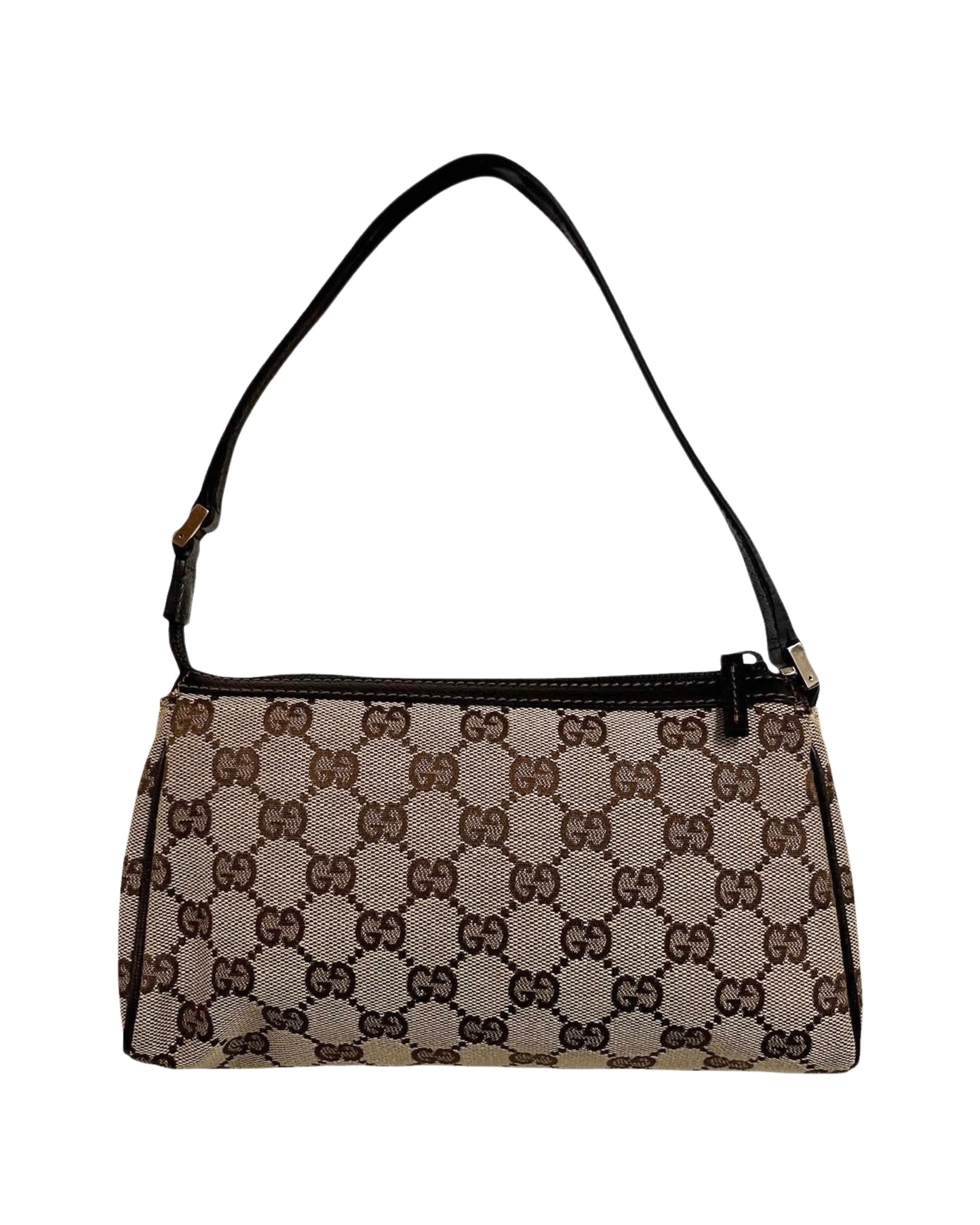 Gucci Vintage Brown GG Monogram Brown Leather Trim Abbey Pochette Shoulder Bag