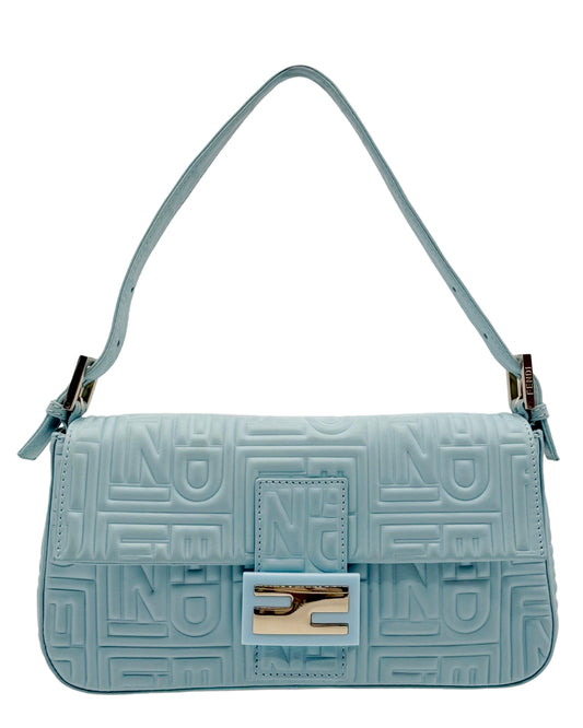 Fendi Vintage Blue Nappa Embossed Logo Leather Shoulder Baguette Bag