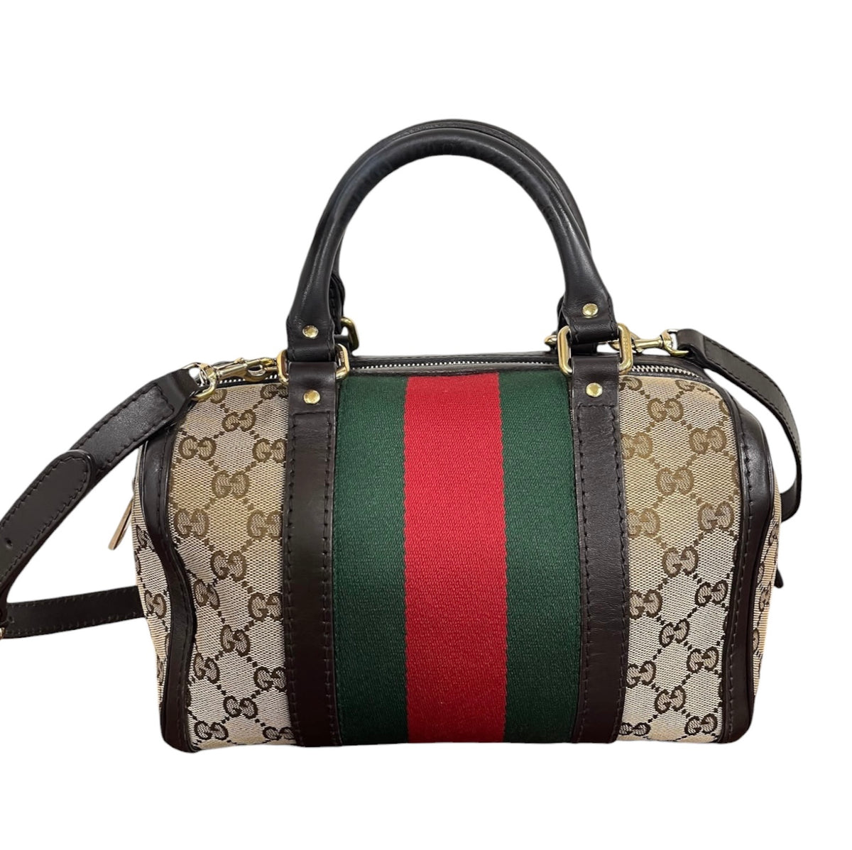Gucci Vintage Brown GG Monogram Webb Stripe Small Joy Boston Two-Way Bag